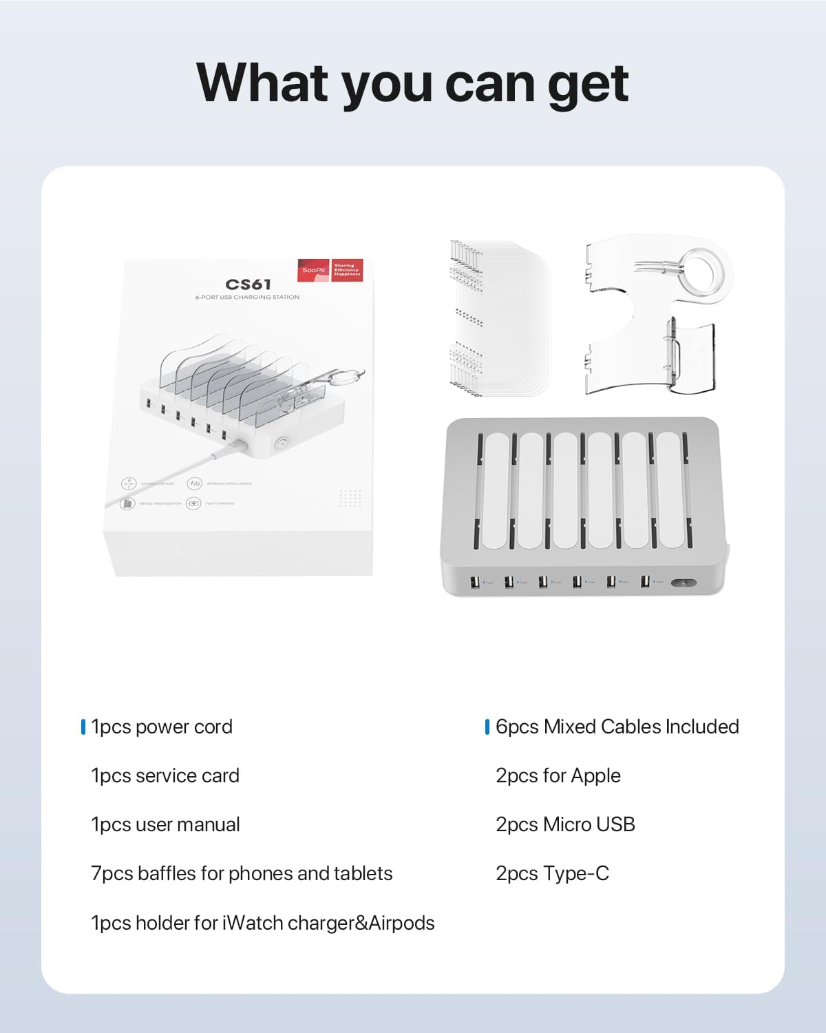 Soopii Premium 6-Port USB Charging Station Organizer for Multiple Devices, 6 Short Charging Cables and One Upgraded I-Watch Charger Holder Included, for Phones, Tablets, and Other Electronics,Silver - Silver image number 6