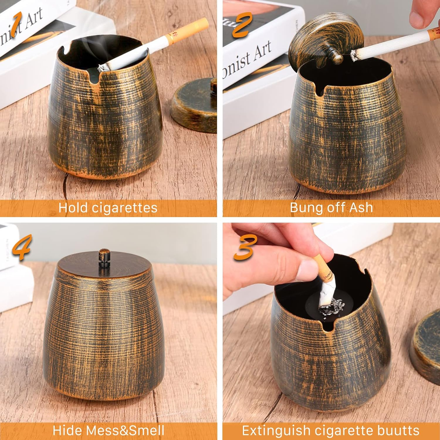 Small Retro Odorless Ashtray with Lid for Cigarettes Outdoor Rainproof,Metal Decorative Ashtray for Patio outside Home Indoors Table Decor,Copper image number 7