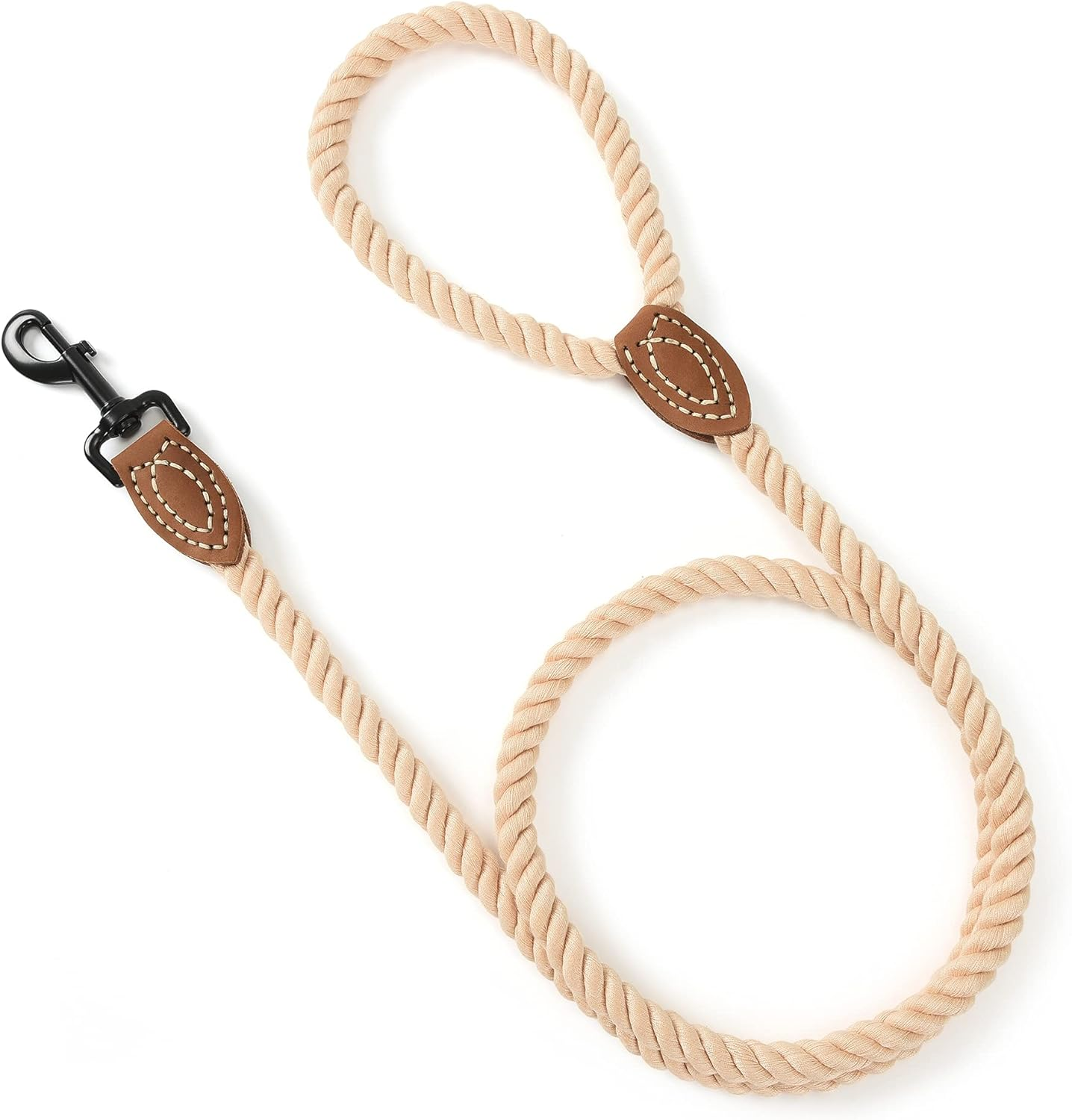 Mile High Life Braided Cotton Rope Leash with Leather Tailor Handle and Heavy Duty Metal Sturdy Clasp (Light Brown, 5 FT) image number 3