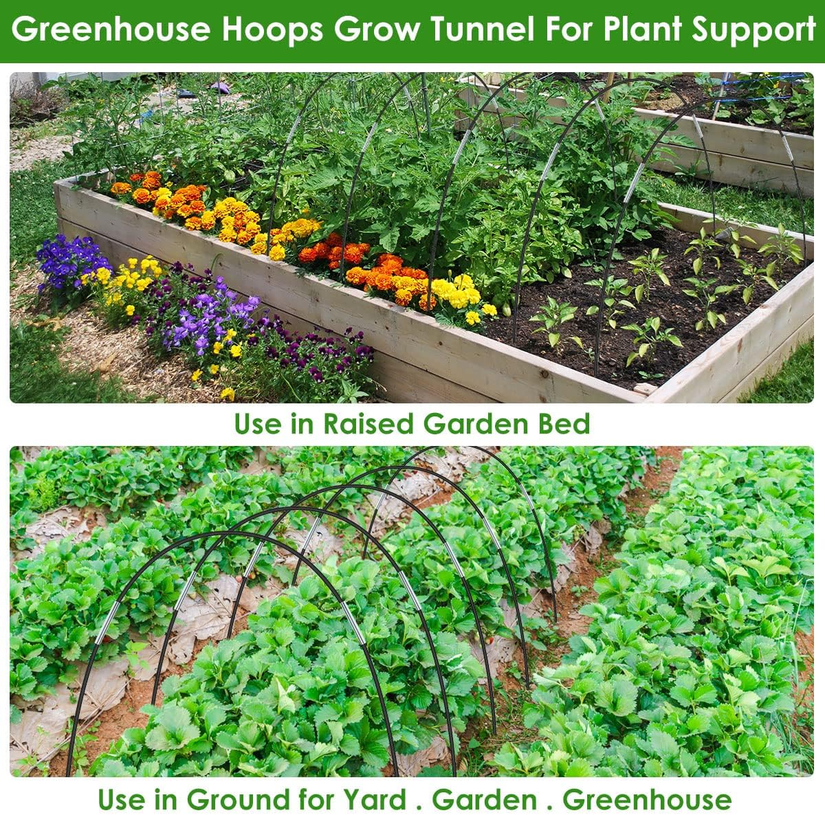 Greenhouse Hoops Grow Tunnel Garden Hoops Kit with Spikes and Clips Detachable Fiberglass Grow Tunnel Frame Greenhouse Tunnel for Winter Frost Protection Raised Bed Garden (21Pcs)