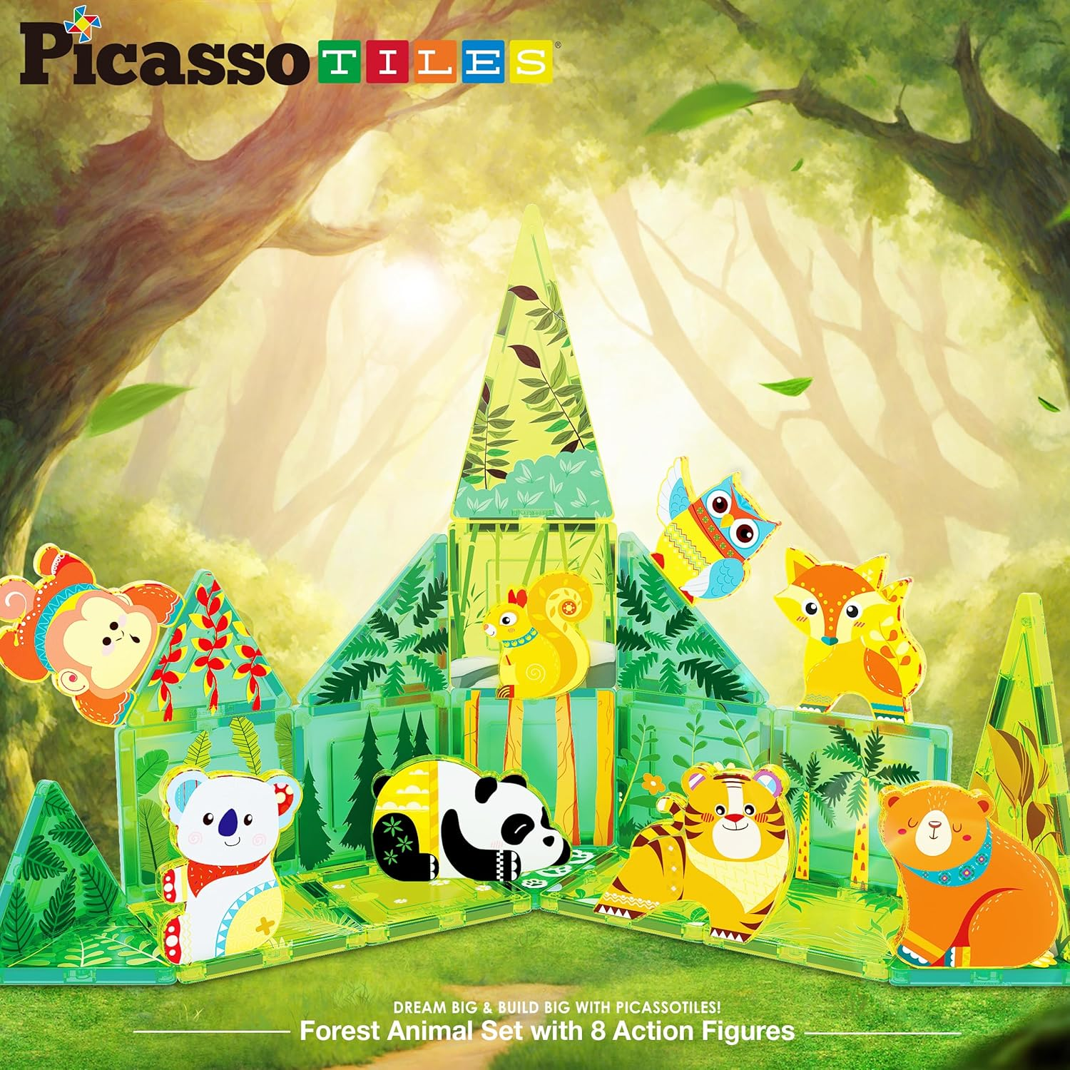 Picassotiles Magnet Tile Building Blocks Forest Animal Themed Playset with 8 Character Action Figures Educational STEM Learning Construction Kit Pretend Play Magnetic Tiles Toddler Kids Ages 3+ PTQ26 image number 1