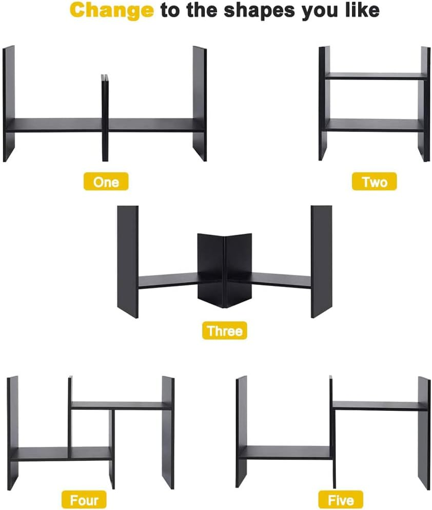 Office Desktop Bookshelf Adjustable Large Wood Display Shelf Desktop Organizer Office Storage Rack Countertop Bookcase Office Supplies Desk Organizer Accessories (Black) - Black image number 2