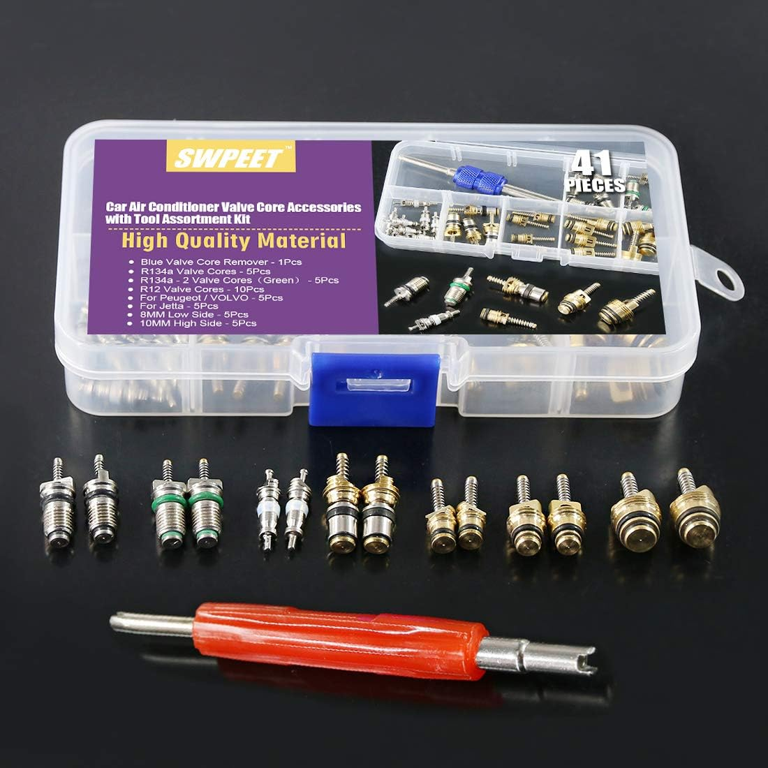 Swpeet 41Pcs R12 / R134A AC Master Valve Core Repair Kit, Including Assortment R12 R134A Valve Core Refrigeration Tire Valve Stem Cores with Remover Tool for Most Cars image number 3