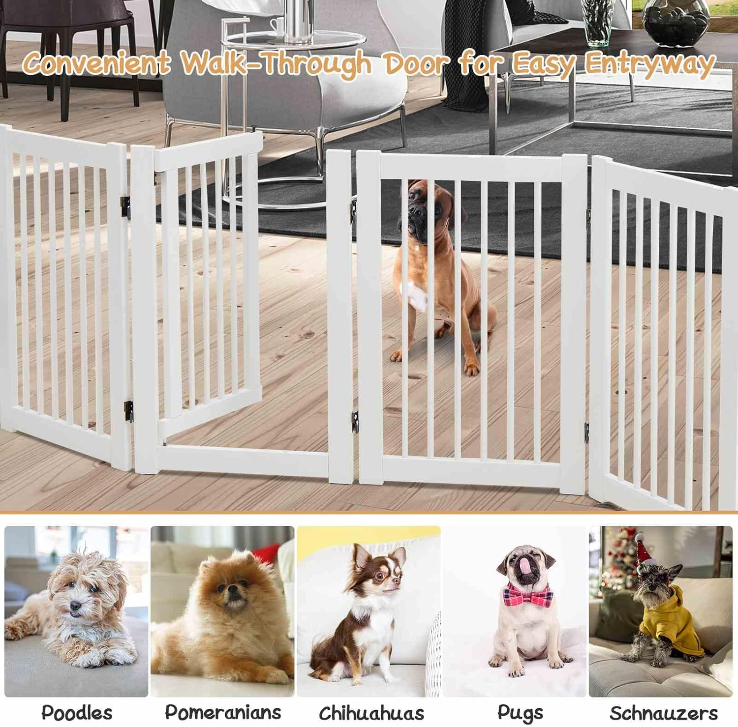 Costway 207 X 77 Cm Freestanding Pet Gate, 4 Panel Retractable Wooden Folding Dog Fence W/Walk through Door, 360&deg; Rotatable, Indoor Safety Gates for Stairs Doorways Hallways Bedrooms (White, 4 Panel) - White image number 6