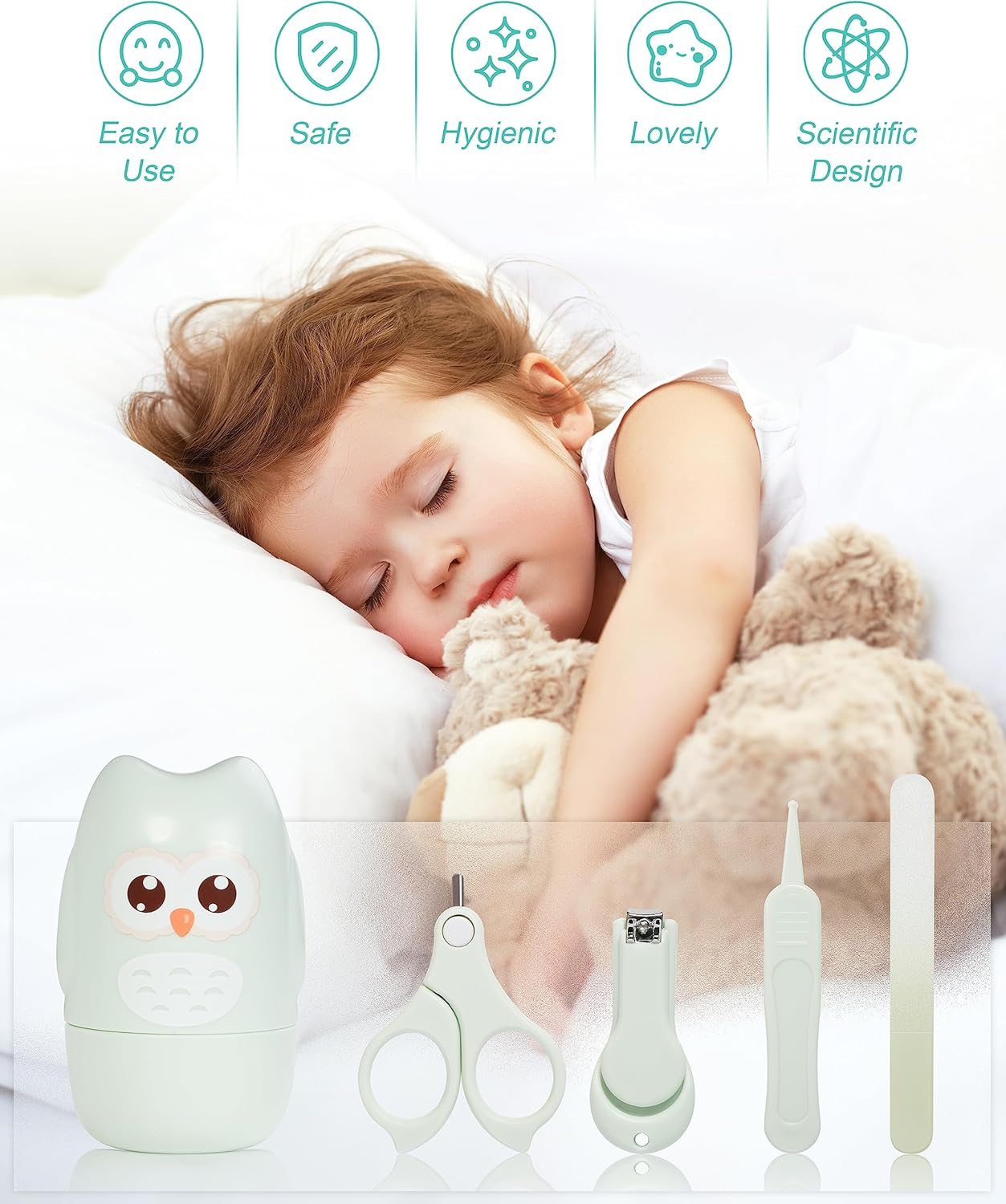 Baby Nail Kit, Baby Manicure Kit and Pedicure Kit,4-In-1 Safe Baby Nail Kit with Cute Owl Shape Case.Baby Nail Clipper, Scissor, Baby Nail File & Tweezer for Newborn, Infant & Toddler(Green) image number 2