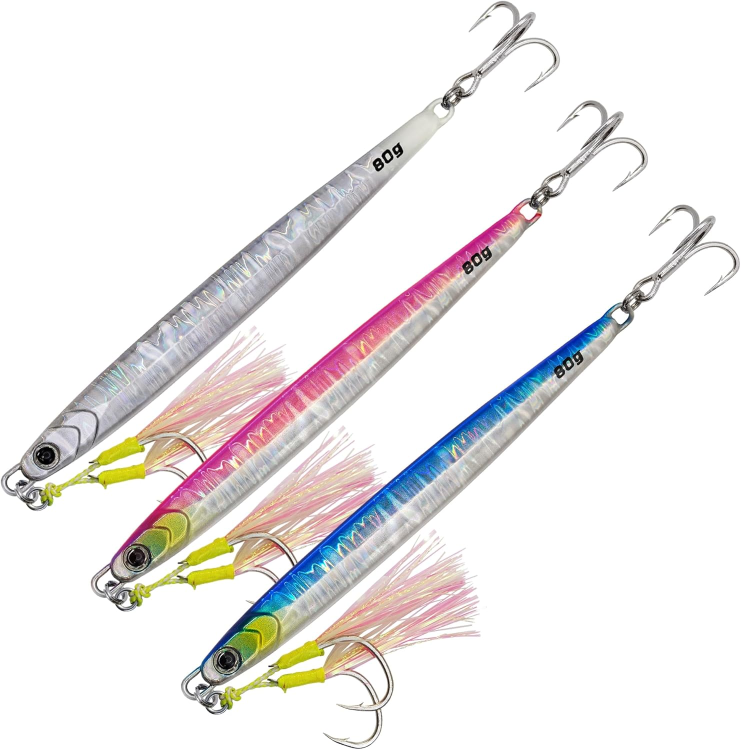 Saltwater Fishing Jigs 2.28Oz/80G, Speed Jig, Luminous Slow Pitch Jigs, Metal Vertical Jigging for Tuna, Salmon, Sailfish, Striped Bass, Grouper Snapper, Kingfish, 3PCS image number 2