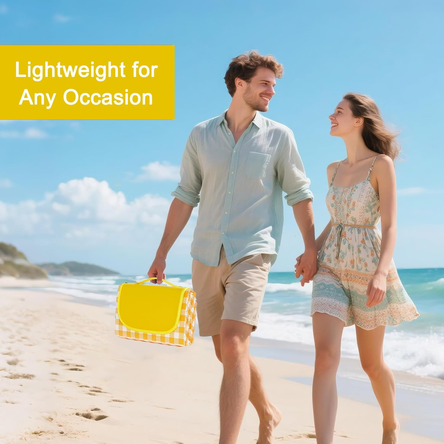 Picnic Outdoor Blankets, Extra Large 200 * 300CM Beach Blanket, Thick 3-Layers Camping Waterproof Mat for Camp Hiking Park, Portable Foldable Rug for Family-Yellow, Sandproof & Machine Washable. image number 1