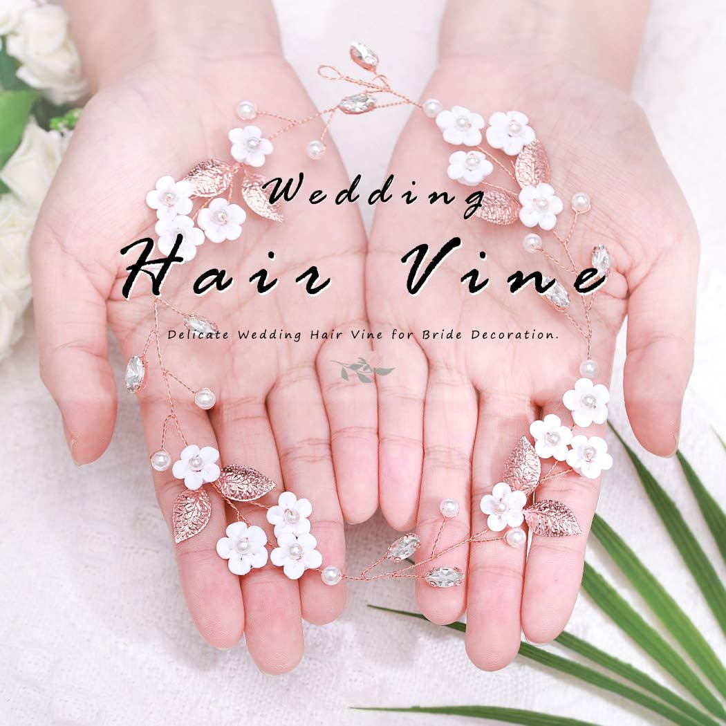 Jakawin Bride Flower Wedding Hair Vine Crystal Hair Piece Pearl Bridal Headpiece Leaf Hair Accessories for Women and Girls HV103 (Rose Gold) image number 3