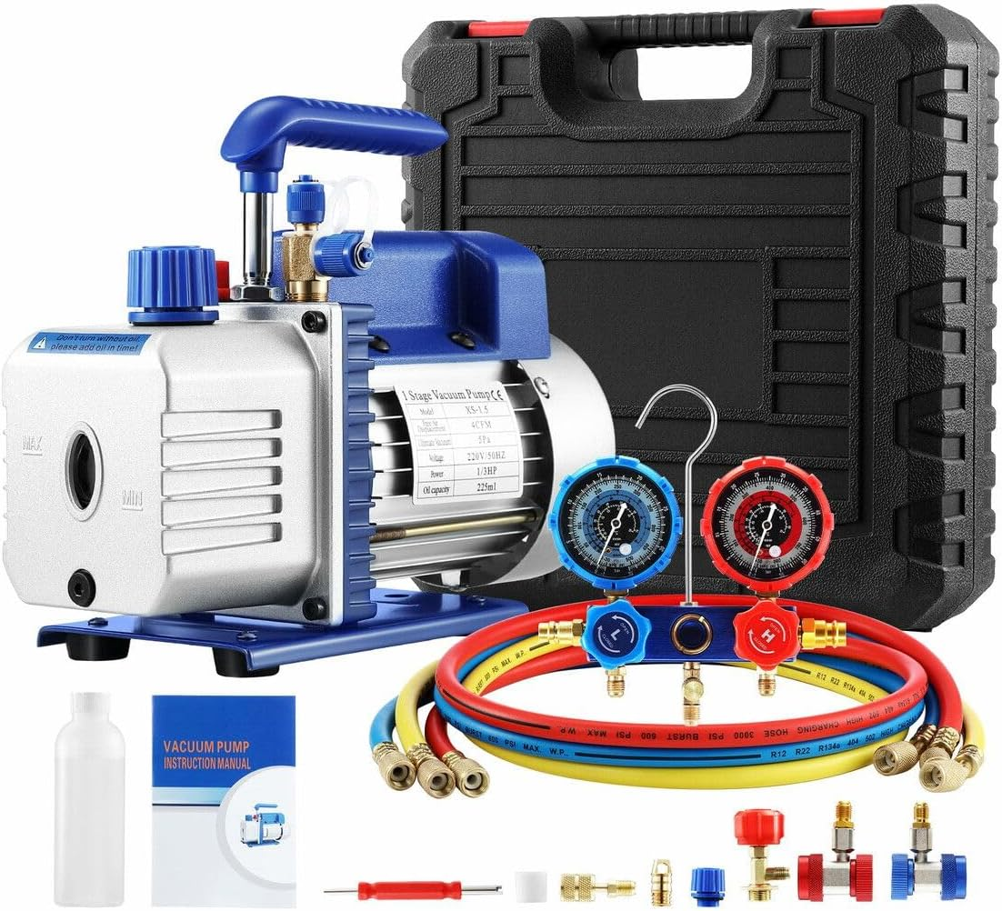 AUSWAY 4CFM Vacuum Pump Set 1/3 HP 1 Stage Air Conditioning HVAC Refrigeration Auto AC Repair Tools Food Clothes Packaging R134A R410 Manifold Gauges