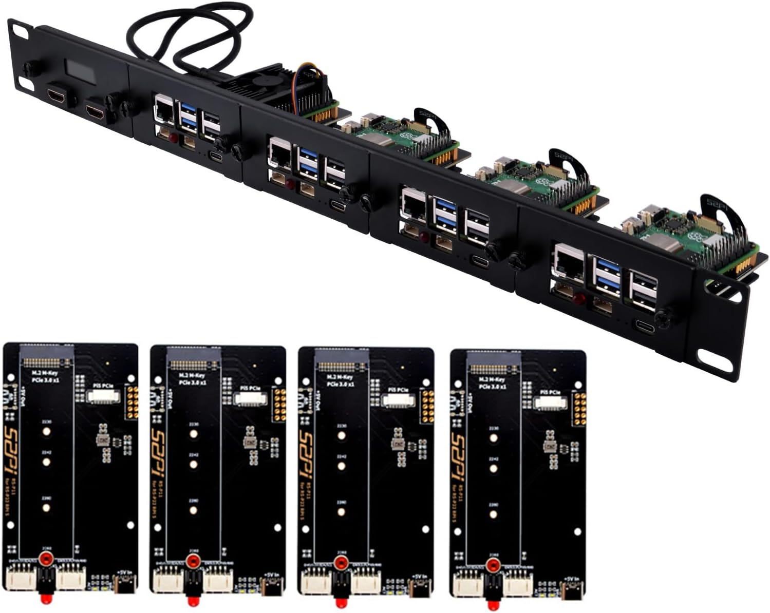 Geeekpi 1U Rack Mount for Raspberry Pi 5, with 4PCS Pcie to M.2 Nvme SSD Adapters and OLED Display, Compatible with 19 Inch Server Rack image number 3