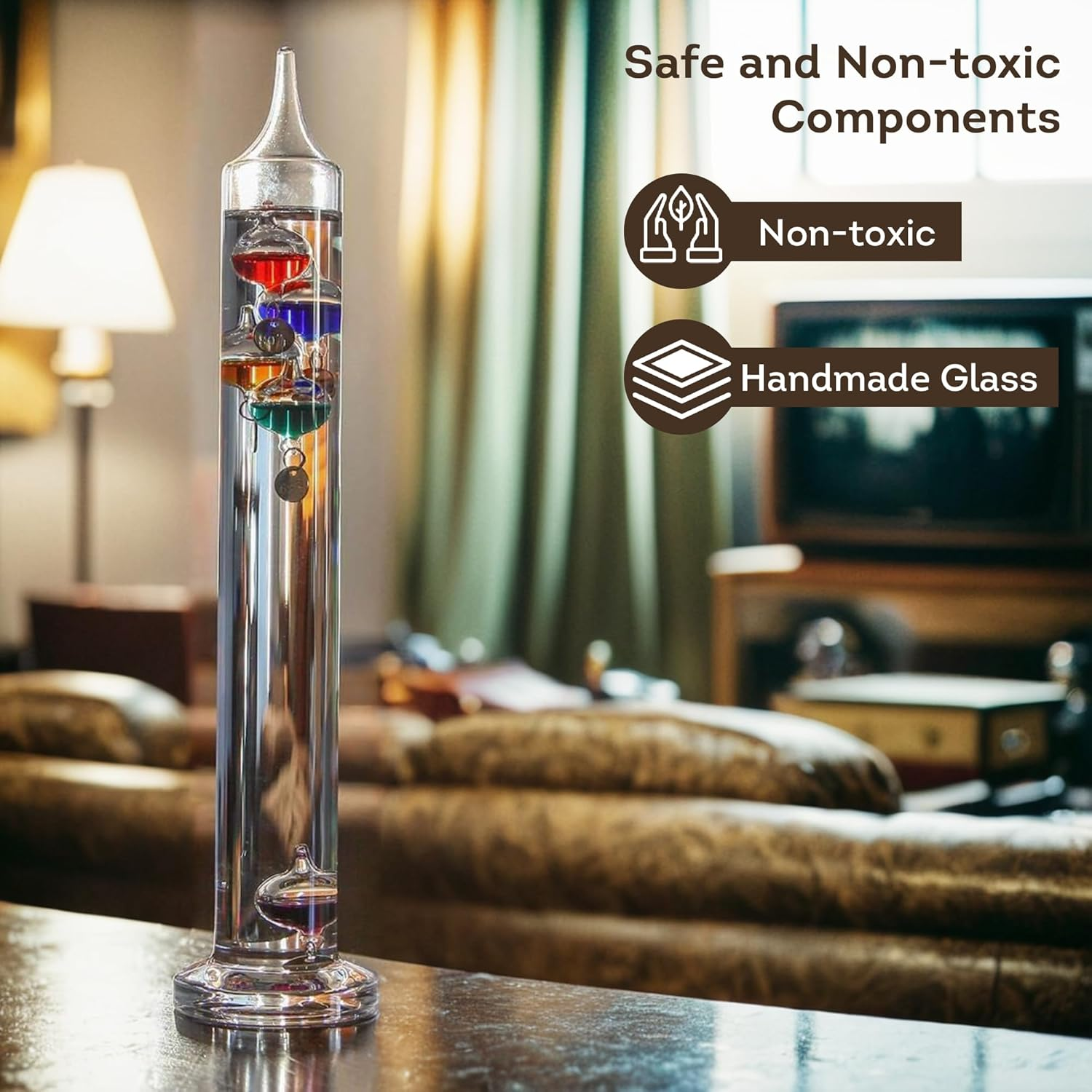 Lily'S Home Glass Galileo Thermometer, a Timeless Design That Measures Temperatures from 64&ordm;f to 80&ordm;f, 5 Multi-Colored Spheres (11 Inches) image number 1