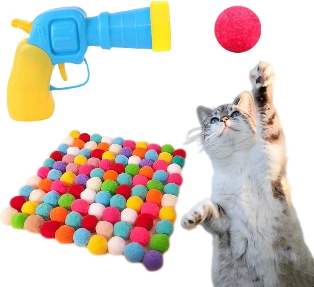 100Pcs Cat Toys Balls Launcher Cat Pom Pom Balls,Cat Plush Ball Toy Interactive Cat Toy Plush Toy Balls,Cat Toy Balls Cat Ball Toy Launcher Cat Plush Balls,Cat Toy Balls and 1 Cat Ball Toy Launcher image number 2
