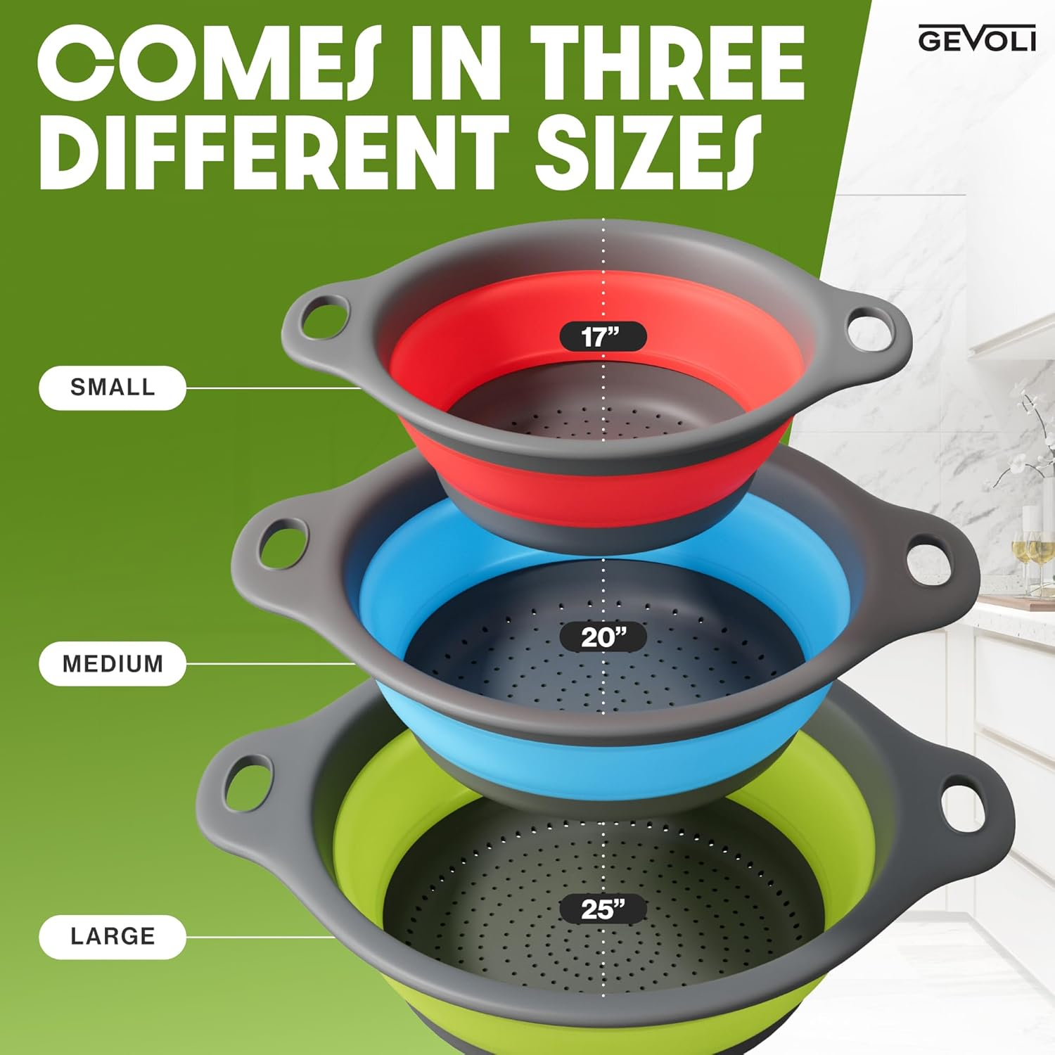 Gevoli Collapsible Colanders with Self-Draining Base for Edge of Sink, Food Strainers (Small/Med/Large), Nested Design for Easy Storage (Red, Blue, Green) (4PC Set) image number 2