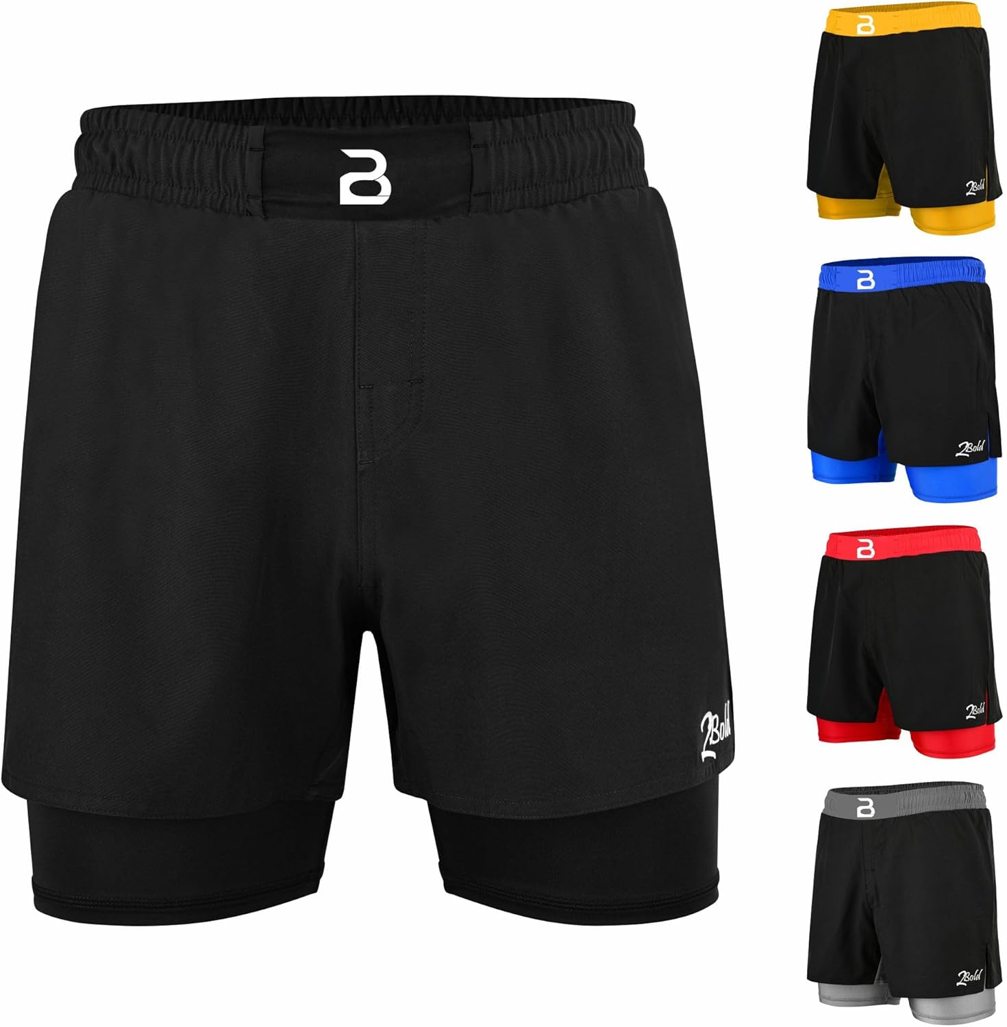 2BOLD MMA Kid&rsquo;S 2 in 1 Board Shorts BJJ Built in Compression Lining Athletic Gym Boxing Jiu-Jitsu No-Gi Grappling Shorts