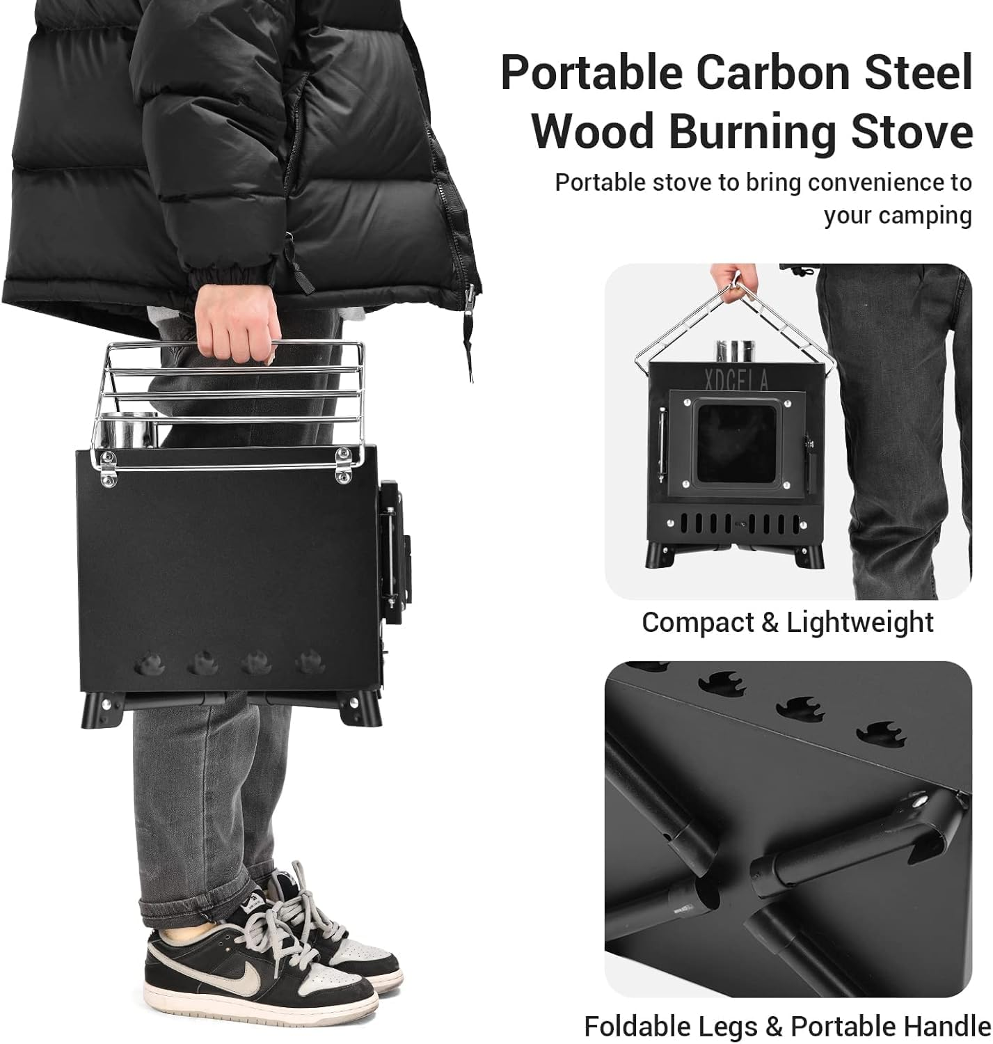 APEXORIGIN Wood Burning Stove, Hot Tent Stove with Chimney Pipes, Portable High-Quality Carbon Steel Camping Stove with Anti-Spark, Double-Layer and Adjustment Pipe (Black) image number 4