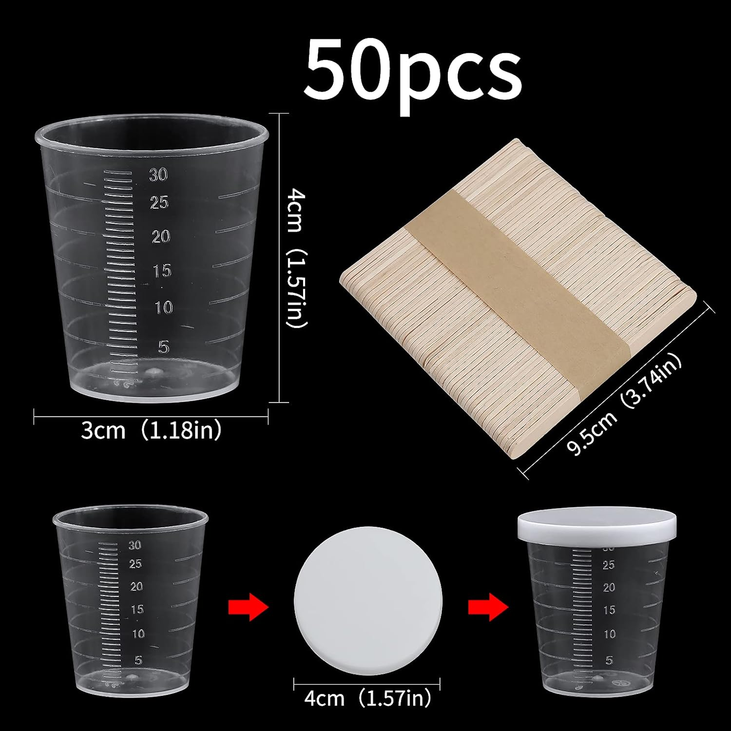 Small Measuring Cups, 30 Ml Plastic Measuring Cups, Pack of 50 Measuring Cups, Small Plastic Mixing Cups, Plastic Measuring Cups with Wooden Sticks and Lid for Mixing Resin, Stain, Epoxy and Paint image number 1