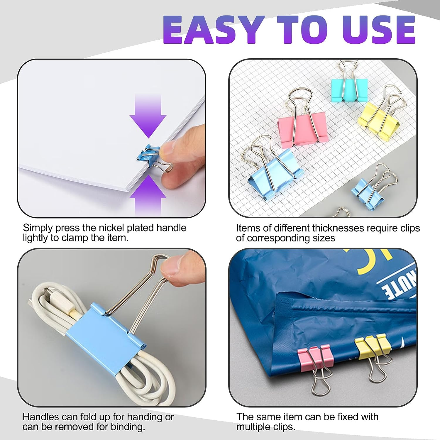 Swpeet 100Pcs Metal Black Binder Clips, Paper Clamps, Fold Back Clips, Paper Clamps Clips 6 Sizes X Large, Large, Medium, Small, X Small and Micro Use for Office, Home, School, Classroom image number 2