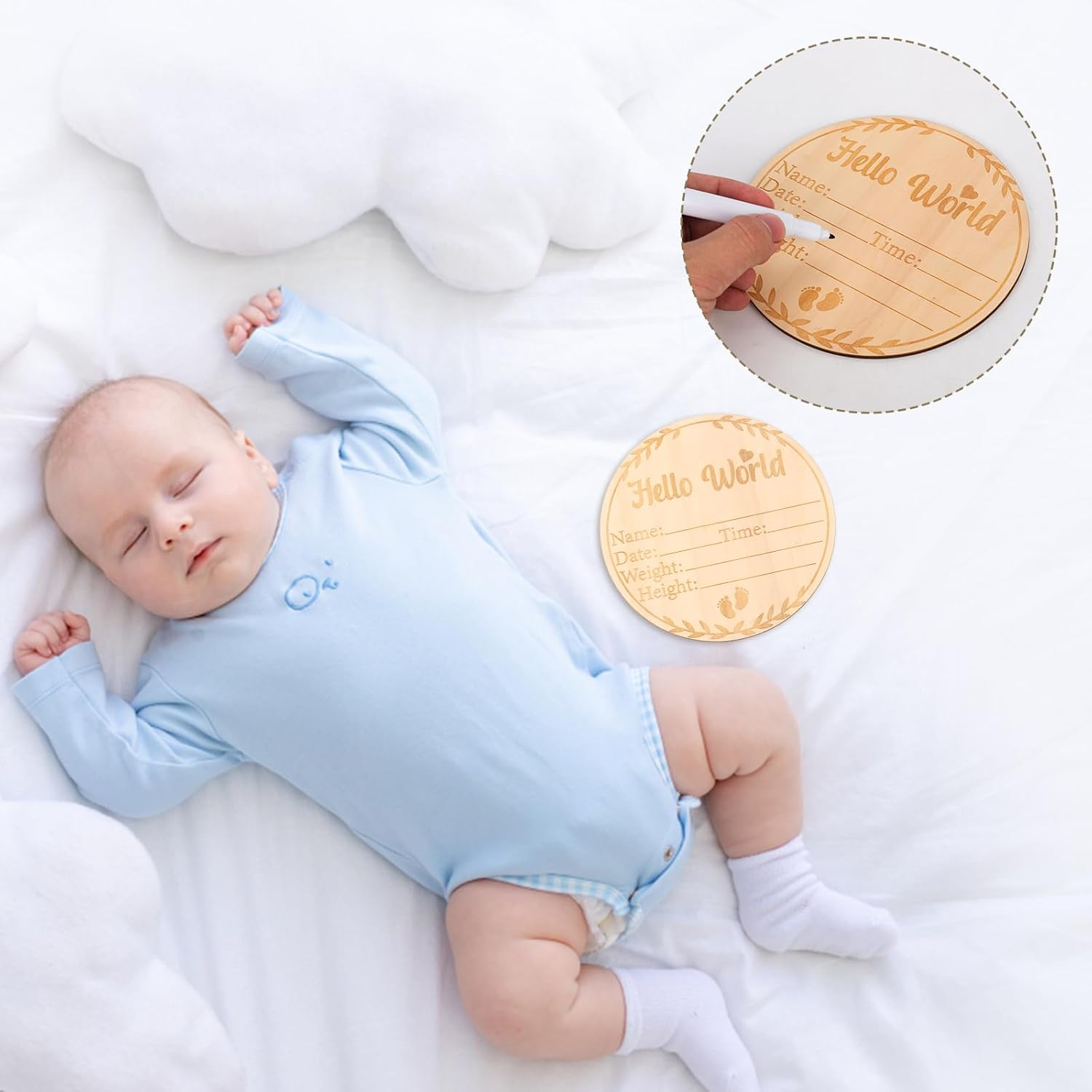 Baby Announcement Sign, 5.83 Inch Wooden Hello World Newborn Plaque Newborn Announcement Sign Birth Announcement Cards Board Baby Name Cards Outfit for Baby Gift Hospital (Style 1) image number 2