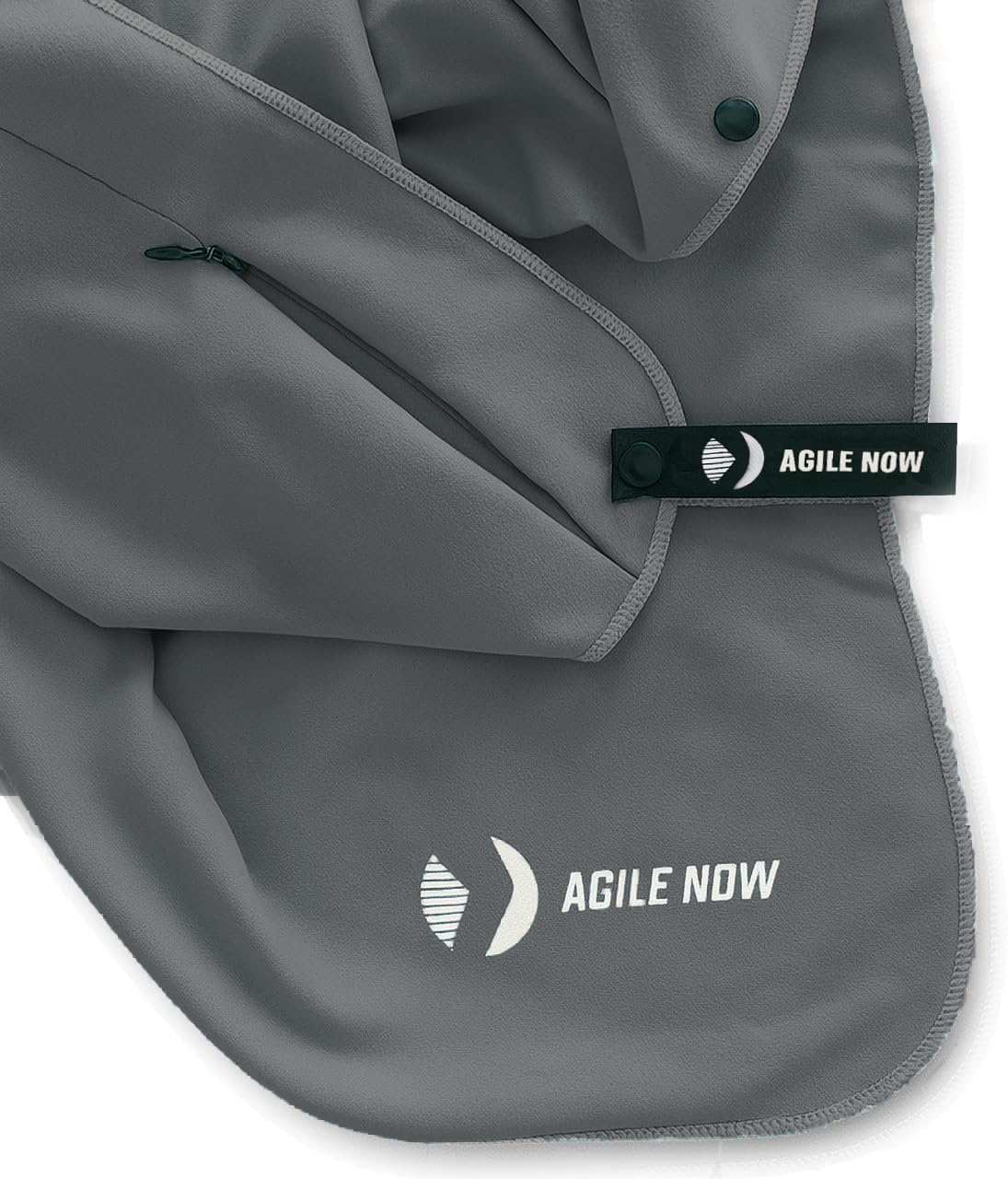 Agile Now Fitness Towel - Multifunctional Microfibre Gym Towel with Hood, Magnetic Clip and Zip Pockets, Sports Towel Gym, Gym Accessories, Grey