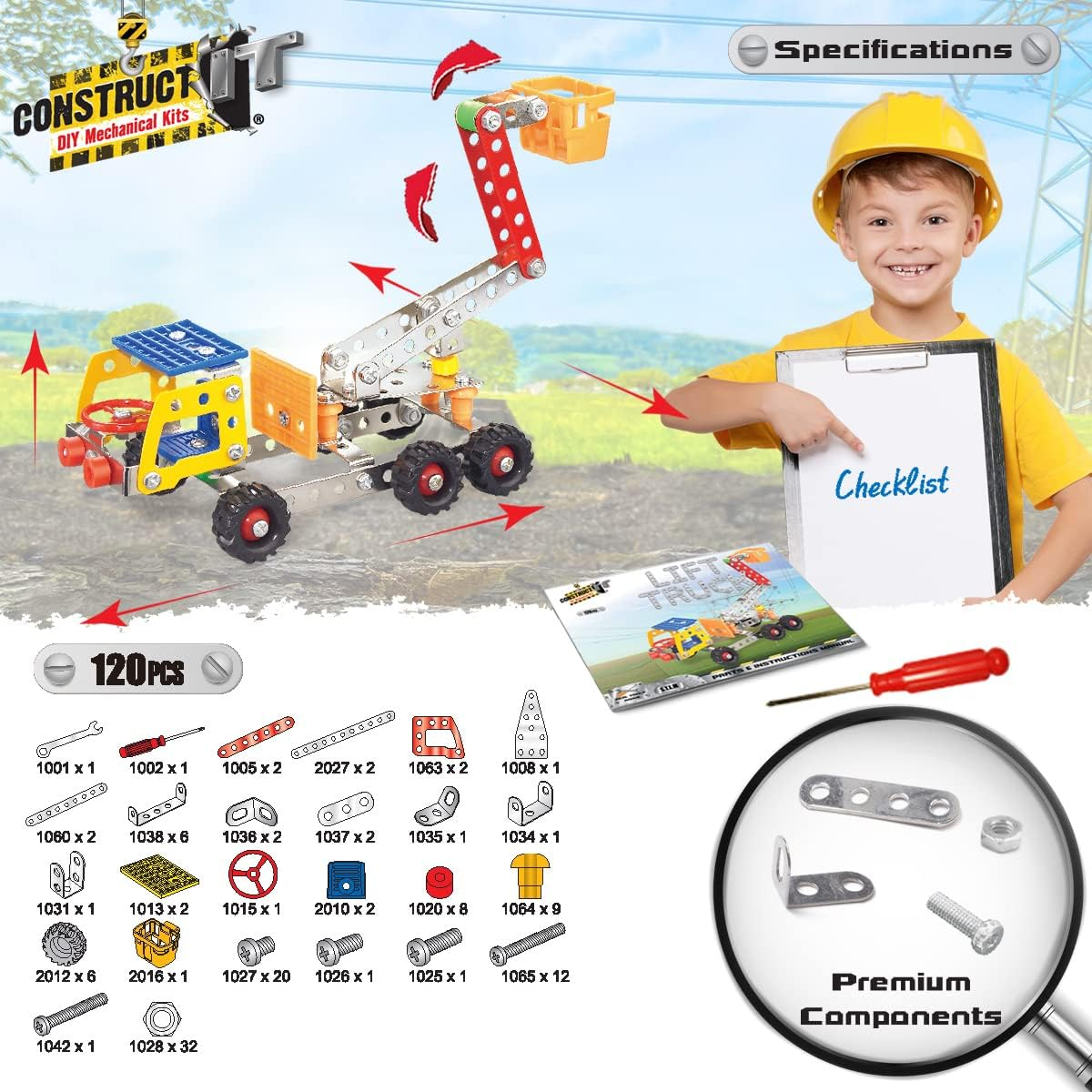 Construct IT Lift Truck &ndash; 120-Piece STEM Construction Kit &ndash; Build Your Own Metal Utility Vehicle &ndash; Creative Engineering Toy for Kids Ages 8&ndash;12