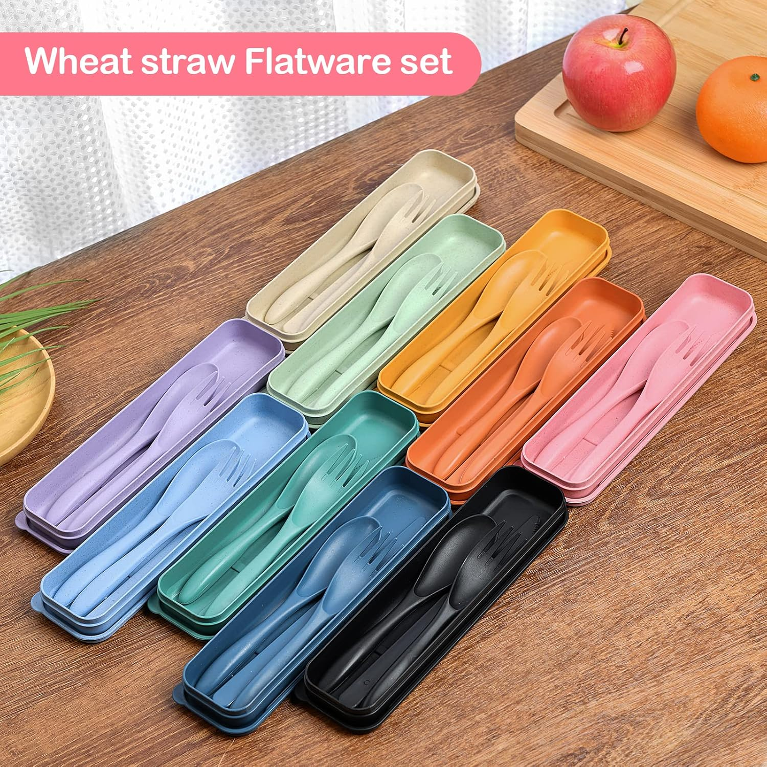 Reusable Travel Utensils Set with Case, 2 Sets Wheat Straw Portable Plastic Fork Spoons Knife Camping Cutlery, Eco-Friendly BPA Free Lunch Tableware for Kids Adults Travel Picnic Utensils - 12 Sets - Multiple Colors image number 2