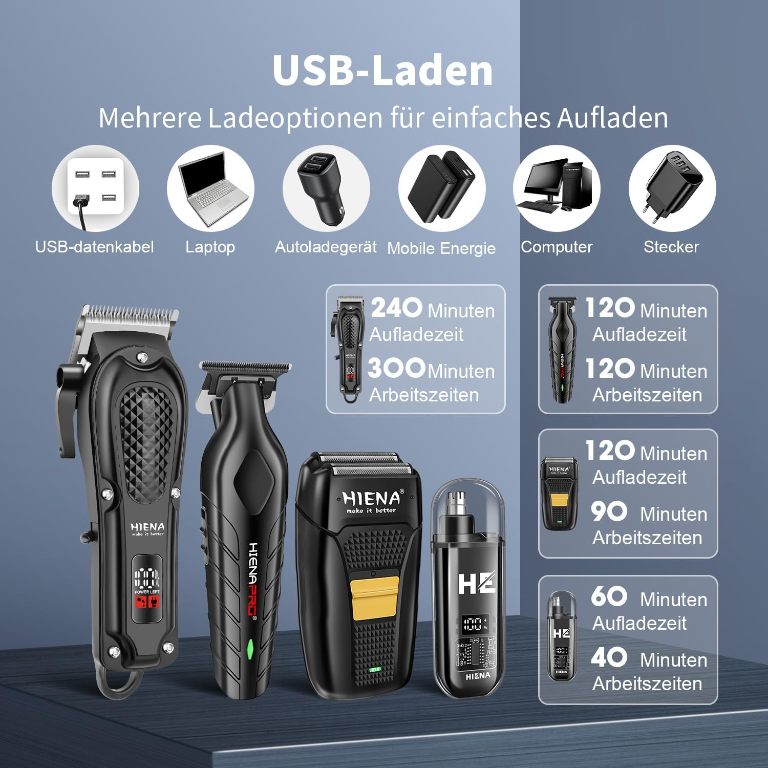 HIENA Pro Fessionelles Hair Cutting Set for Men, Cordless Barber Cutting Set and Trimmer Set, USB Rechargeable Electric Beard Trimmer & Nose Hair Trimmer Set, Foil Shaver & Men'S Face Care image number 5