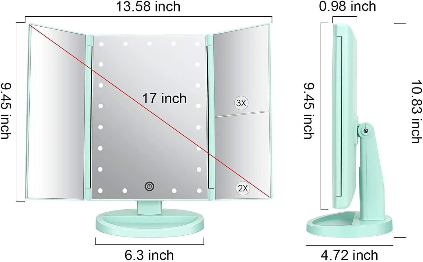 Tri-Fold Lighted Vanity Makeup Mirror with 3X/2X/1X Magnification, 21 LLED Light and Touch Screen,Dual Power Supply, Portable LED Makeup Mirror, Travel,Women Gift (Green) image number 5