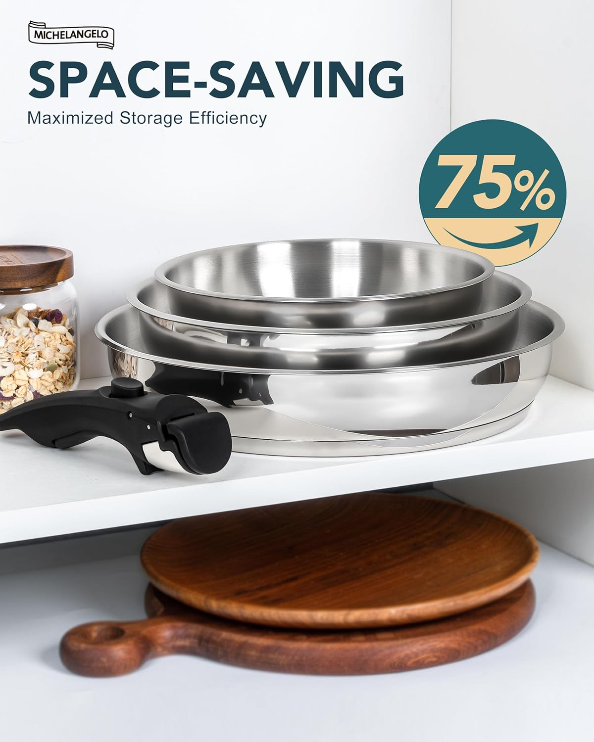 Michelangelo Stainless Steel Frying Pan Set, Cooking Pans with Removable Handle, Triply Base Stainless Steel Pan Set, Induction Compatible Skillet- 8" & 9.5" & 11" image number 4