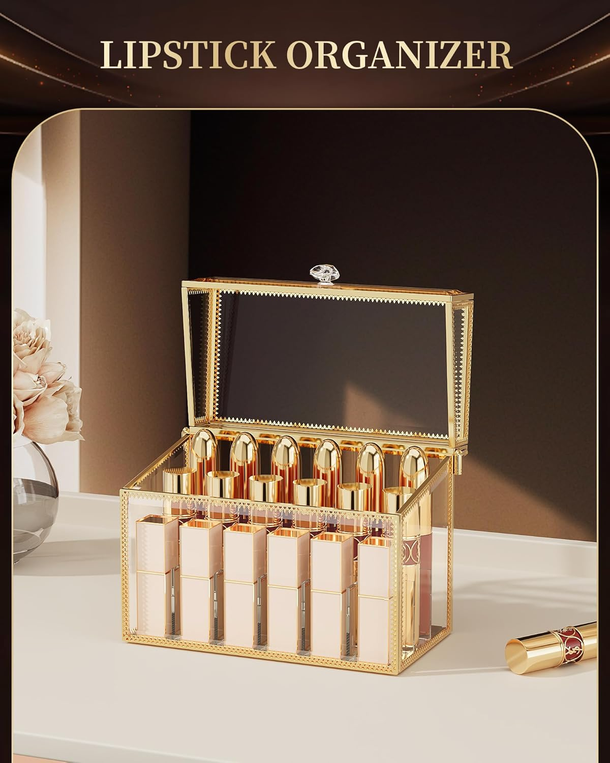 Coralhouse Lipstick Organizer,Luxury Tempered Glass Lipstick Holder & Nail Polish Organizer, 18-Slot Vanity Cosmetic Organizer with Removable Dividers, Gold