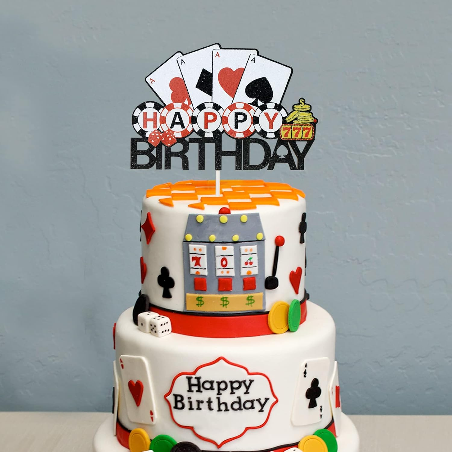 Casino Happy Birthday Cake Topper, Poker Theme Birthday Cake Decor, Las Vegas Party Supplies, Pre-Assembled, Double-Sided Glitter image number 4