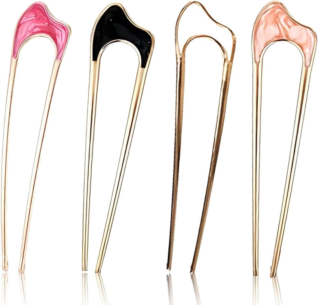 FMYODWU Pack of 4 U Shaped Hair Pins, French Twist Hair Pin, French Pin, Metal Clip, French Hair Clip, Large Hair Fork, Hair Clip, Hair Accessories, Hairstyle Accessories for Women