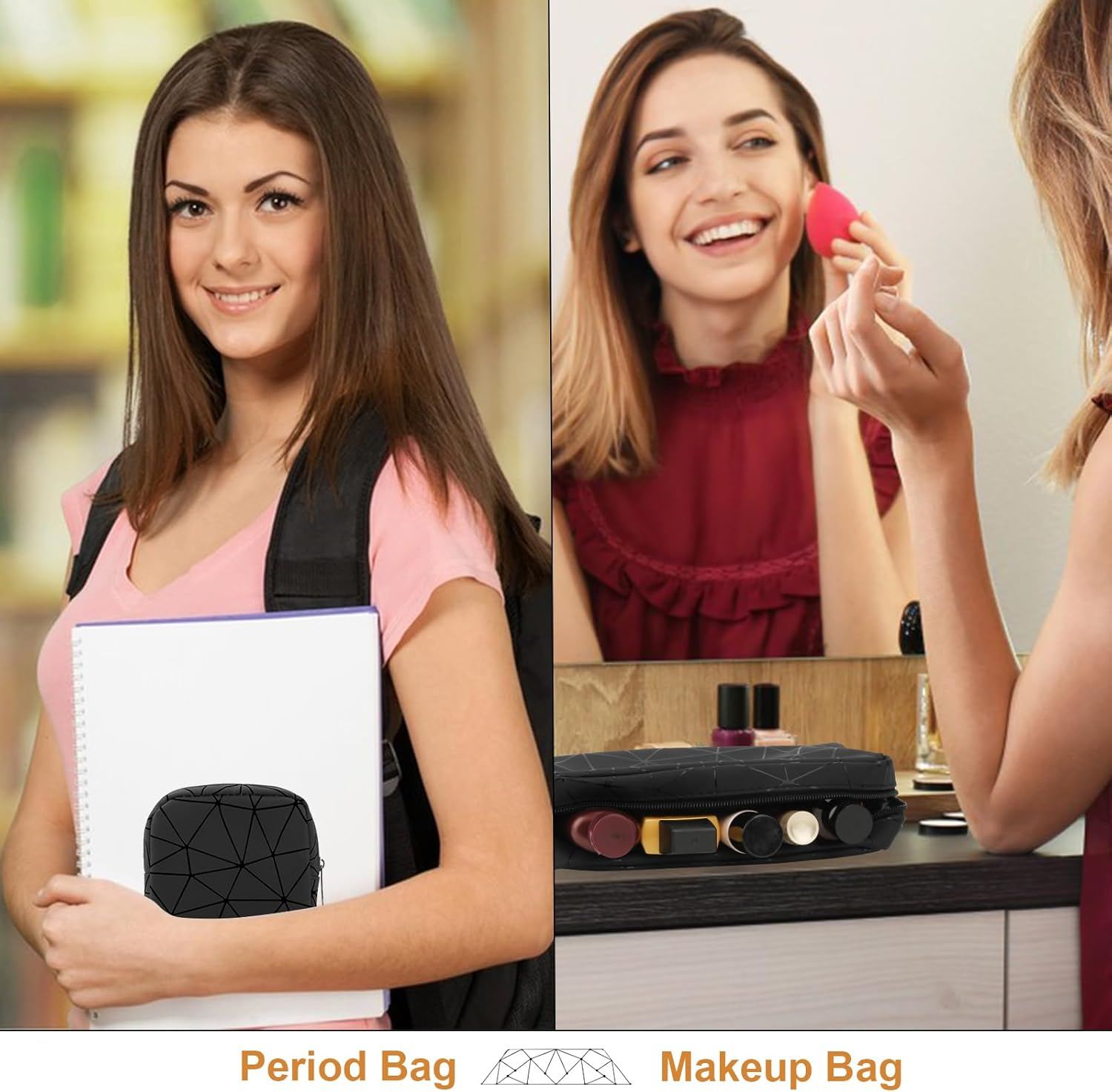 Period Bag for Teen Girls, Leather Sanitary Napkin Storage Bag, Portable Menstrual Pad Bag Period Pads Pouch, Small Make up Bags, Black, Small&Large, Fashions image number 2