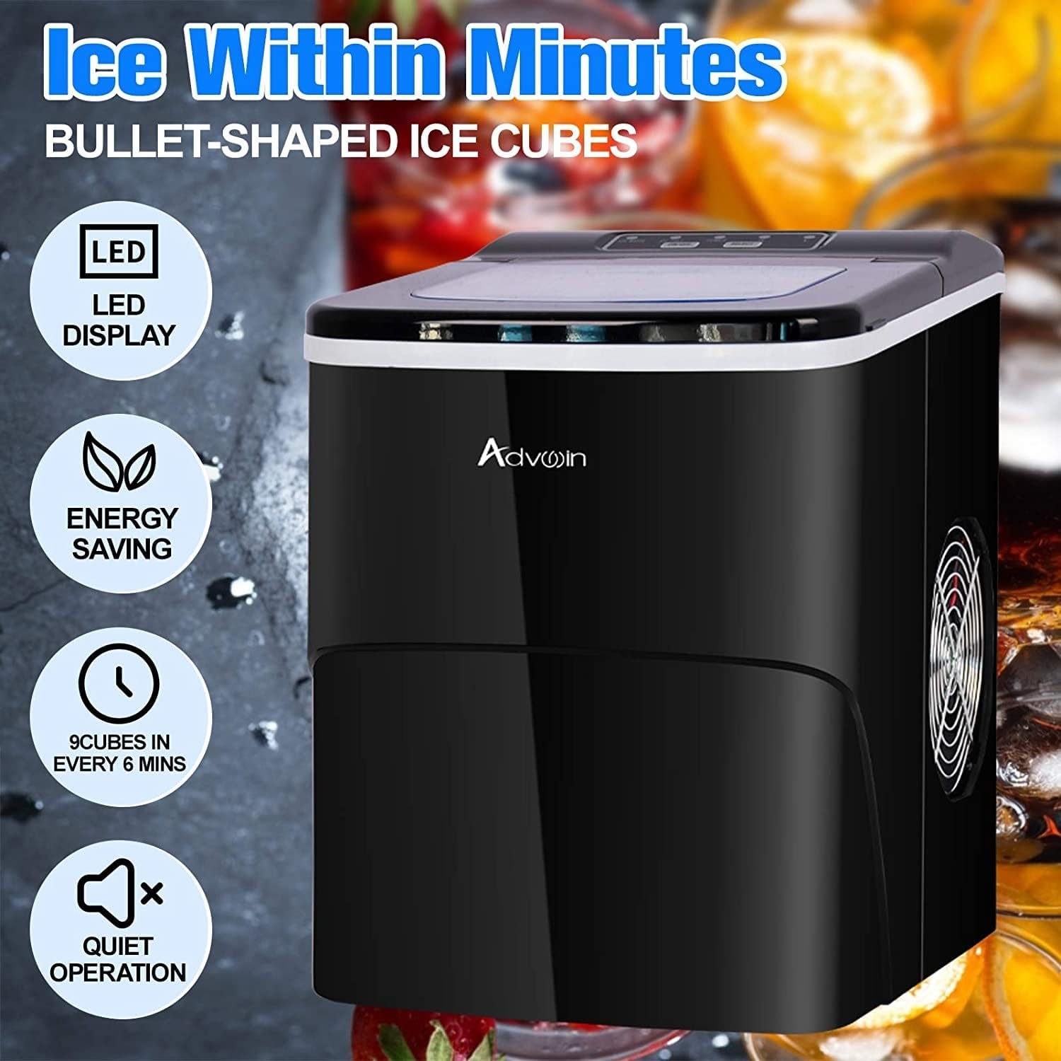 ADVWIN Ice Maker,12Kg Portable Ice Maker Machine Countertop, Commercial Ice Cube Maker for Home Bar - Black