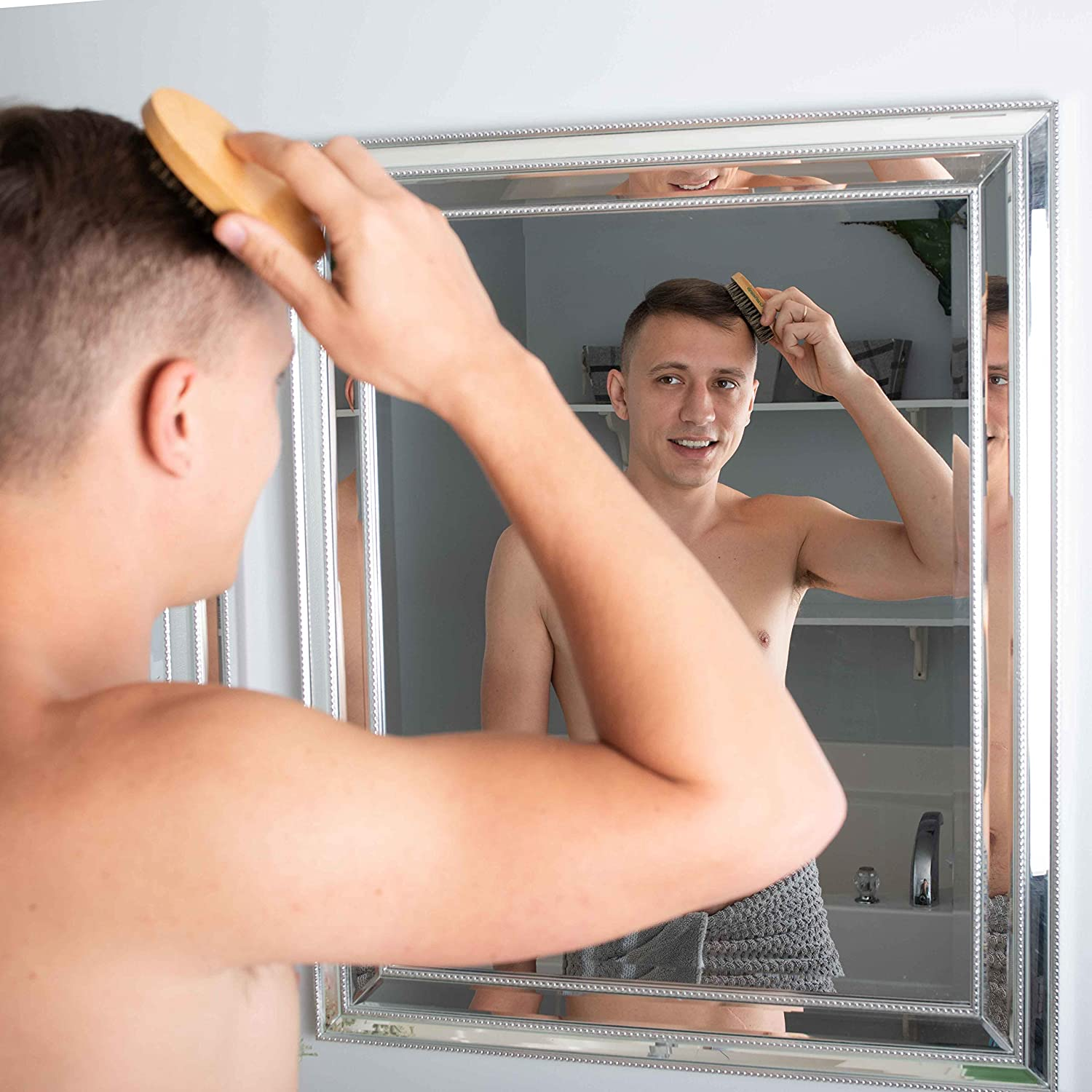 Grannaturals Military Style Boar Bristle Hair Brush for Men and Boys - Palm Size Hairbrush and Beard Brush for Grooming Thin, Fine, Facial and Short Hair - Soft Bristle Slick Back & Smoothing image number 6