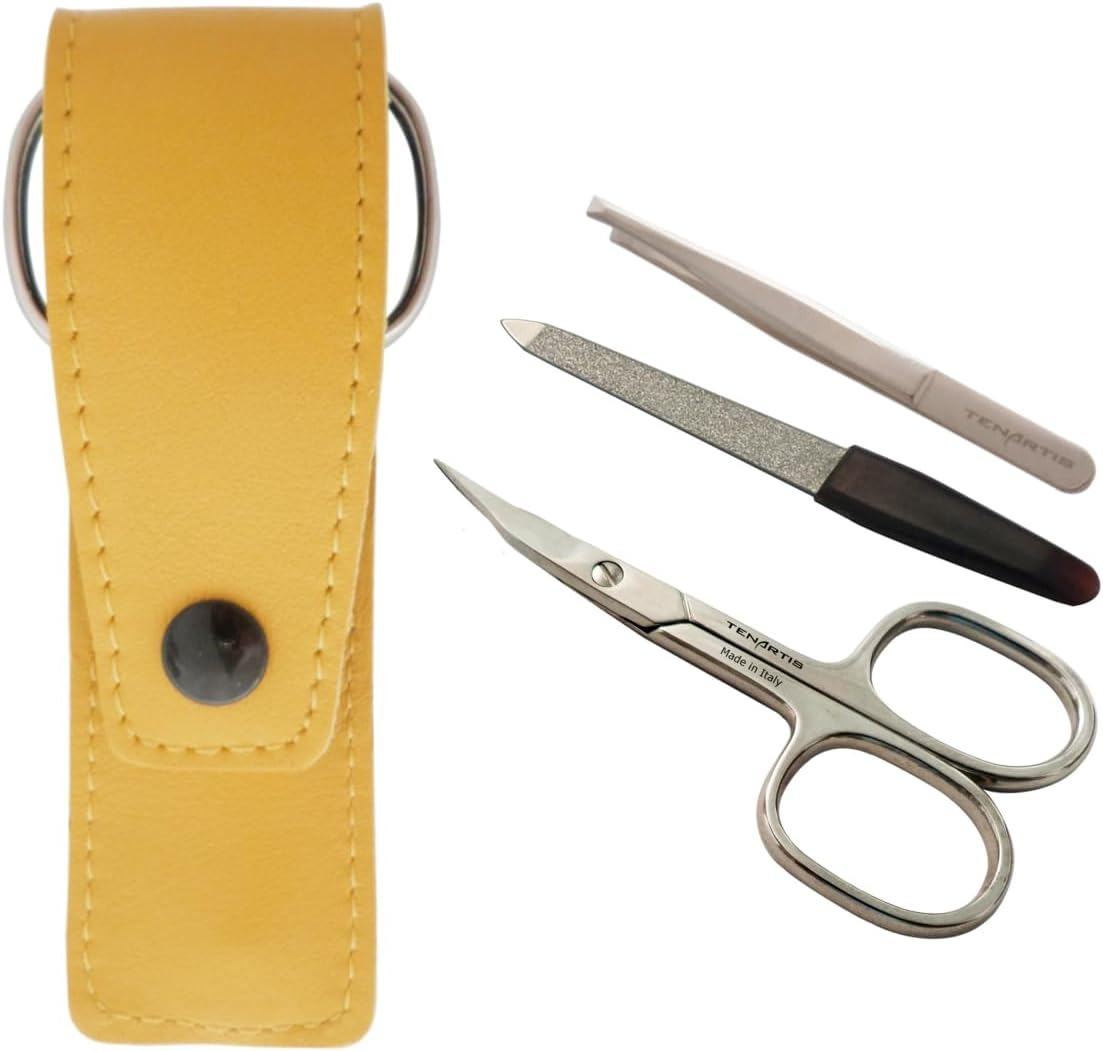 3-Piece Manicure Set with Nail Scissors, File & Tweezers in Genuine Leather Pouch - Made in Italy (Black)