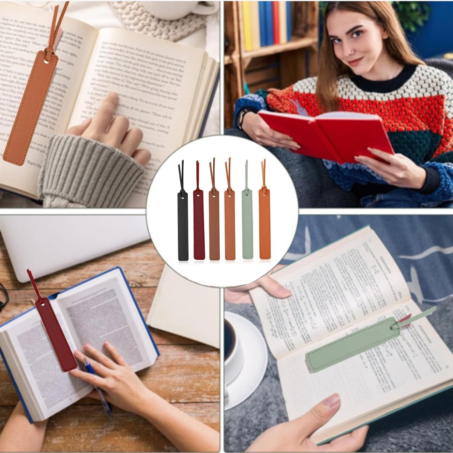 Hysgscwd 6 Pcs Leather Bookmarks with Leather Rope, Colorful Book Mark, Classic Style Handmade Stitched Custom Bookmarks, Page Markers Reading Gifts for Men Women Readers Book Lovers Reading Supplies