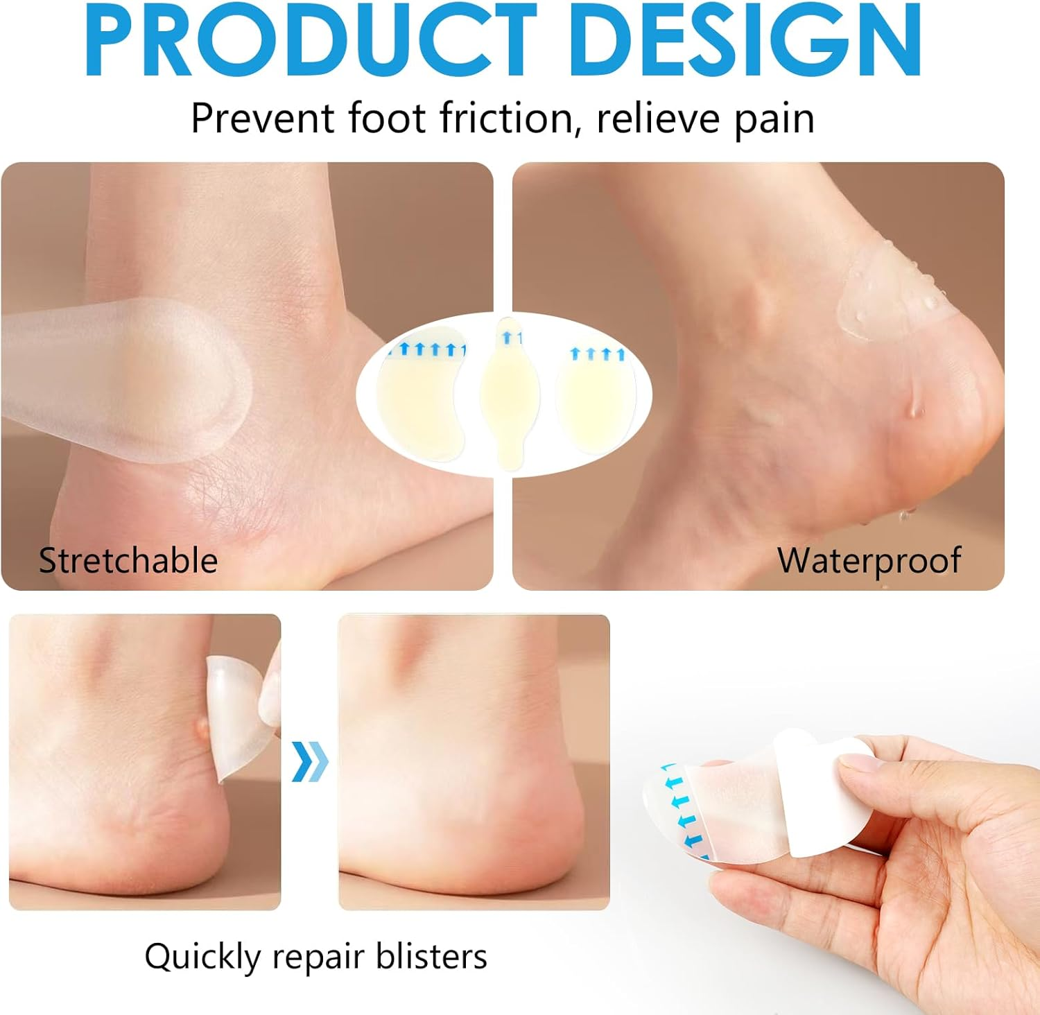 Blister Plasters for Feet, Waterproof Heel Protector for Running, Hiking & Daily Wear - Hydrocolloid Adhesive Bandages to Prevent & Heal Blisters on Toes, Forefoot & Heel (3 Styles, 24 Pcs) image number 4