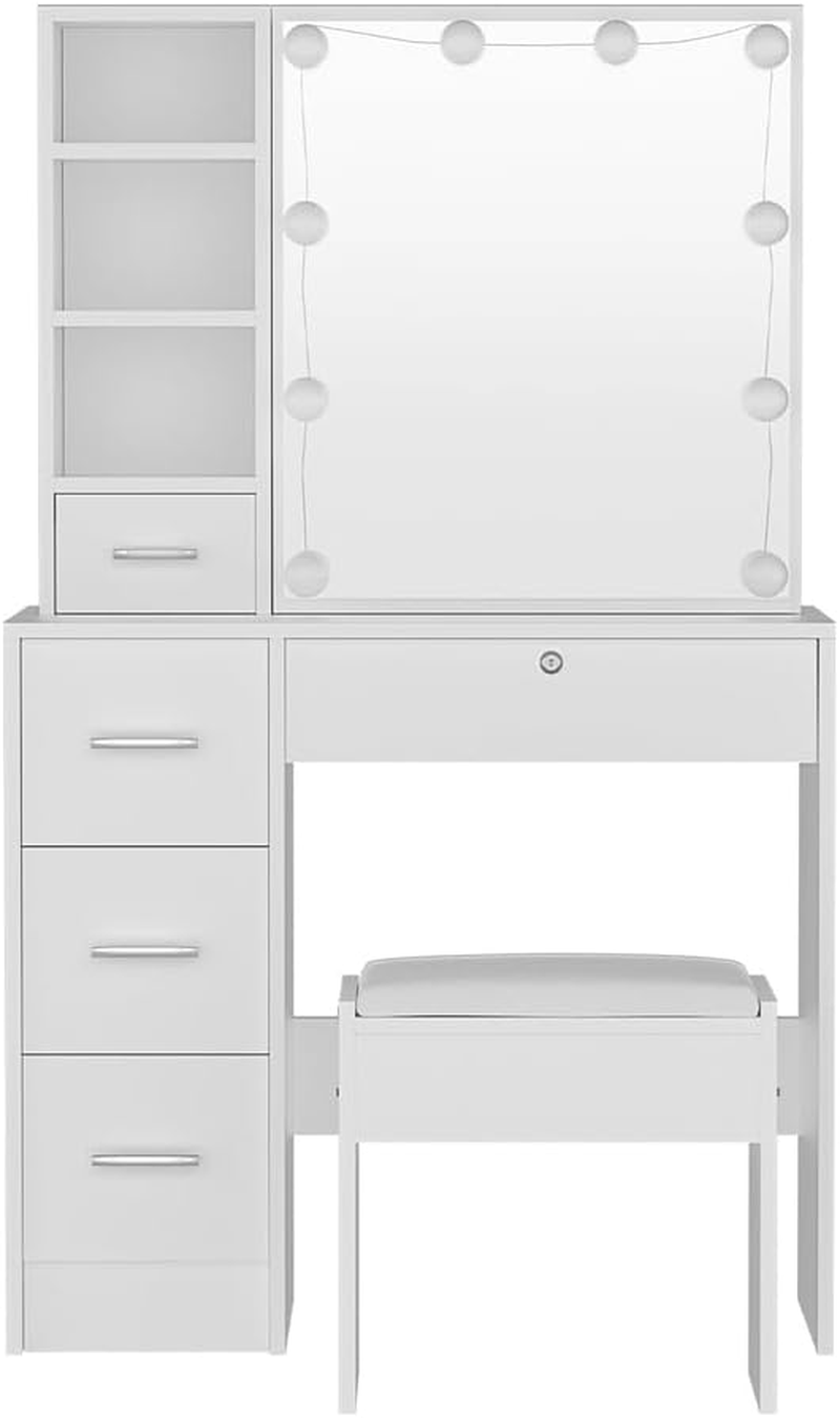 Artiss Dressing Table, Dressing Table with Mirror Lights 10 LED Bulbs Makeup Vanity Desk with Mirror Chair Stool Set Wooden, Home Bedroom Furniture Girls Women Organisers, Drawer Shelf Tabletop White image number 4