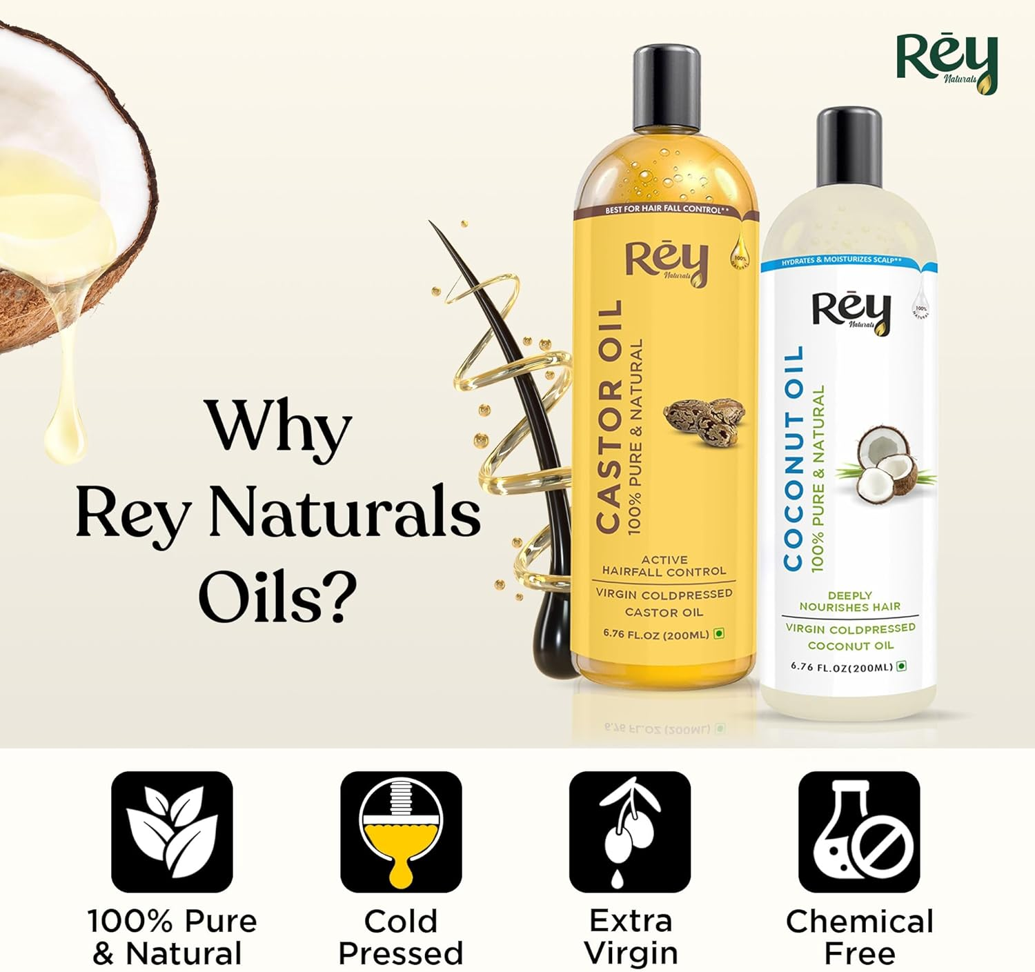 Rey Naturals&reg; Cold-Pressed, 100% Pure Castor Oil & Coconut Oil Combo - Moisturizing & Healing, for Skin, Hair Care, Eyelashes (200 Ml + 200 Ml)