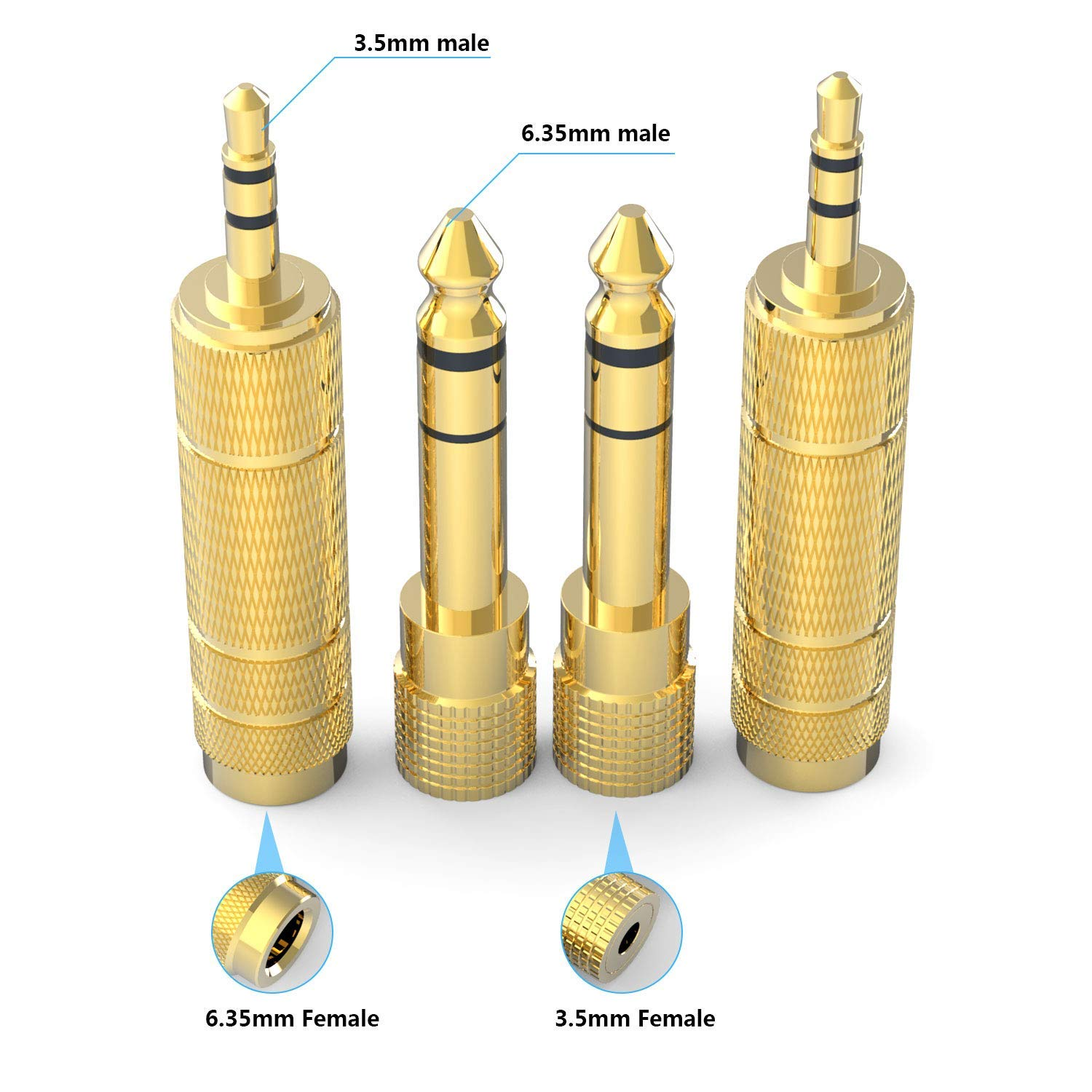 DIGITNOW Headphone Adapter 6.35Mm (1/4 Inch) Male to 3.5Mm (1/8 Inch) Female and 3.5 Mm Male Plug to 6.35 Mm Female Jack, Audio Stereo TRS Converter Adapters (4 -Pack Gold Plated) image number 5