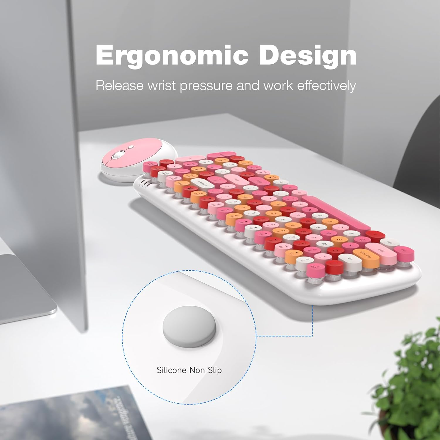 MOFII Wireless Keyboard and Mouse Combo, Full-Size Retro Typewriter-Style Wireless Keyboard with Optical Mouse for Computer/Laptop/Windows/Mac (White Colorful) - Milk Tea Colorful-B image number 7