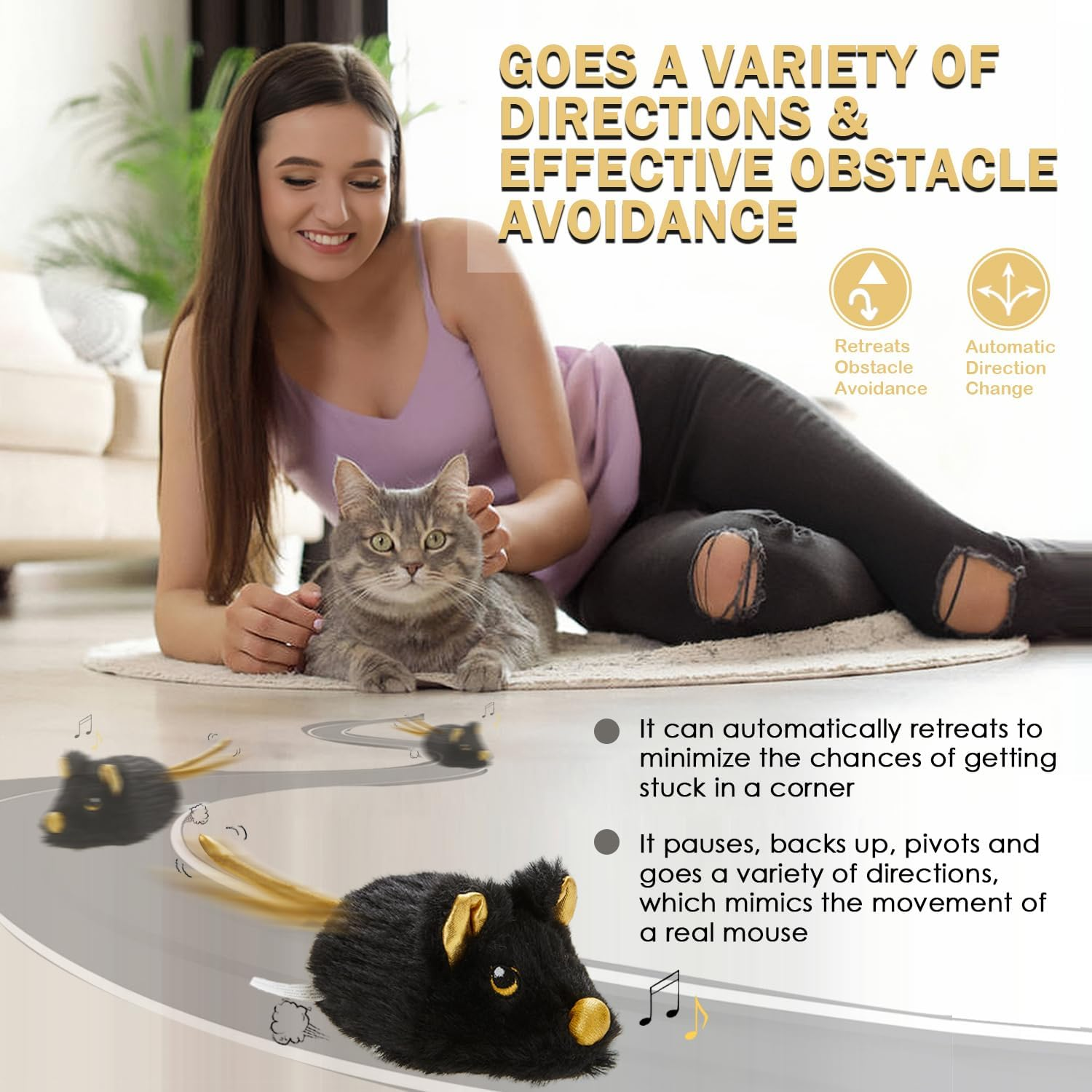 Pawsayes Interactive Cat Toy for Indoor Cats, Rechargeable Automatic Movable Mouse Cat Toy with Squeaky Sound, Intelligent Electric Mice Cat Toys image number 4