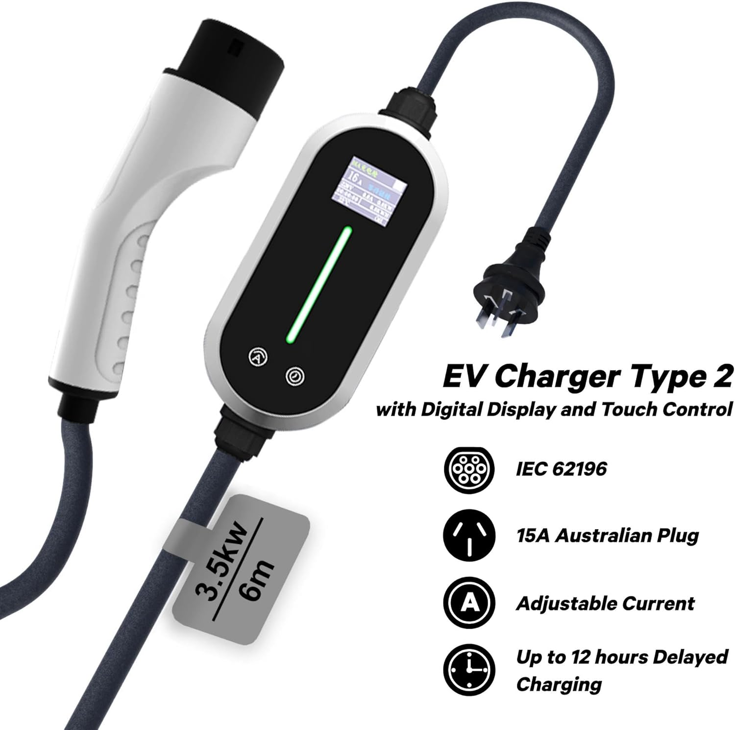 Type 2 EV Charger, Electric Vehicle Charging Cable with Screen 3.5KW 16A 220-240V 6M Cable Australian Plug Fit Tesla Model Y/Model 3 EV & Plug-In Hybrid Car Charger Station Accessories image number 4