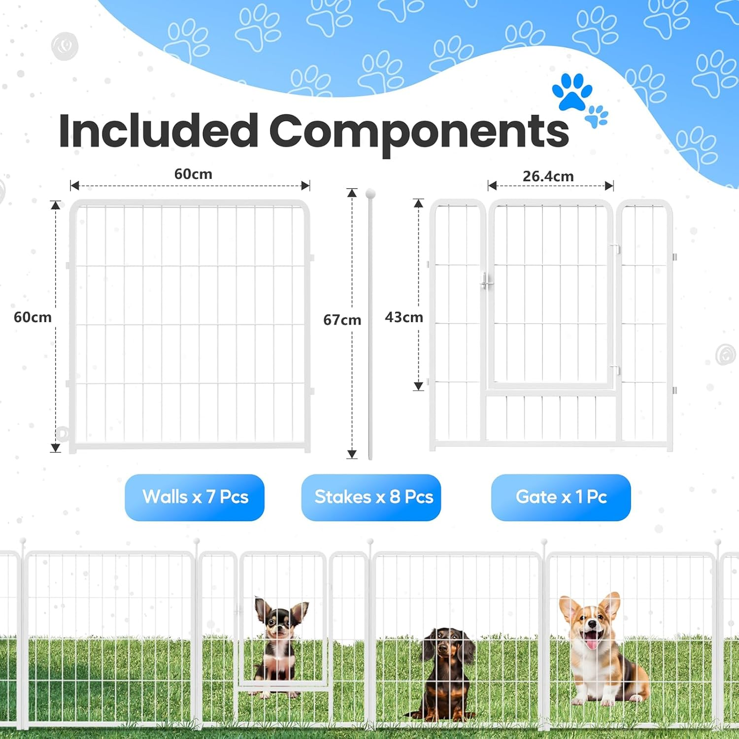 Koreal Metal Dog Playpen, 60Cm Height 8 Panels Pet Playpen, Foldable Puppy Playpens with Doors, No Tool Quick Install, Pet Puppy Playpen for RV, Camping, Yard, White image number 1