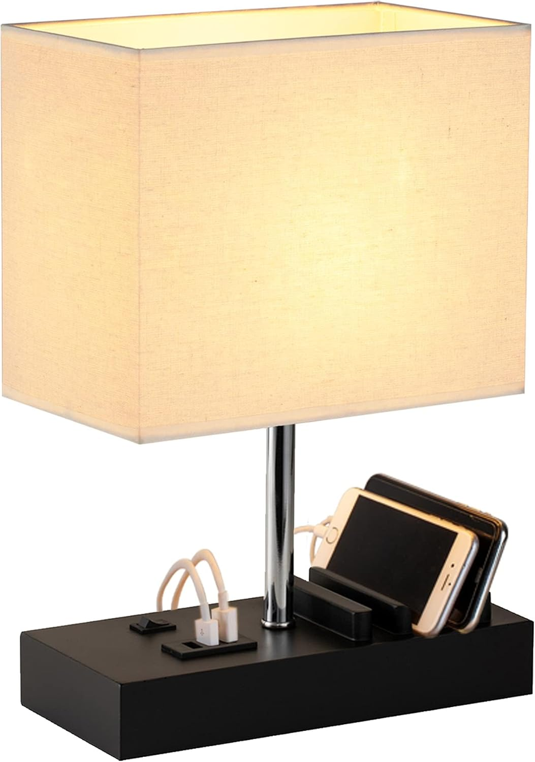 Dreamholder Table Lamp with 3 USB A+C Ports, 3 Phone Stands, Modern USB Bedside Lamp for Bedroom, Living Room, Office, Bedside Lamp with Black Wood Base & Fabric Shade