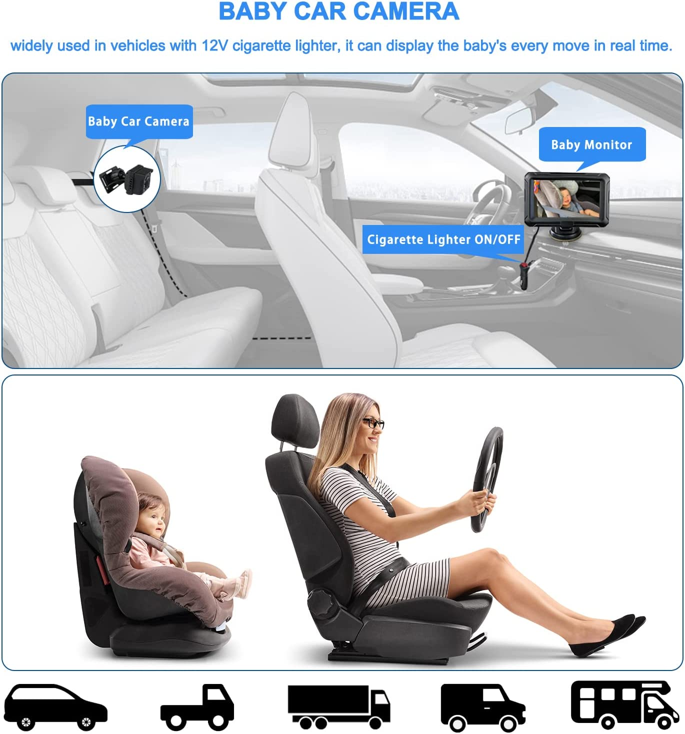 Baby Car Camera, 4.3 Inch HD 1080P Display, 150 Degree Wide Angle, 360 Degree Adjustable, Easy Headrest Mount, Real-Time Rear Seat View, Safe Driving Monitor for Infants