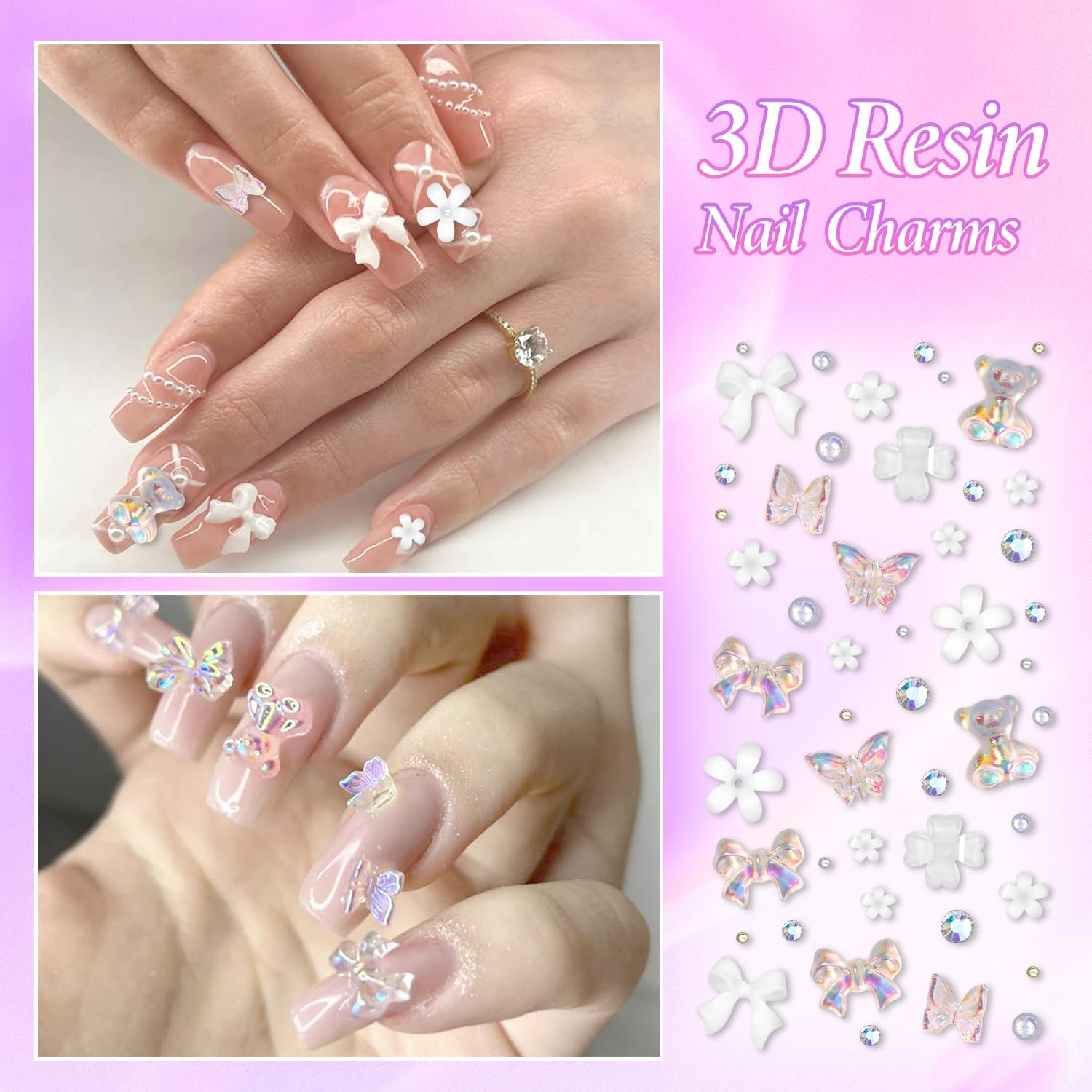 3D Nail Charms and Gems, White Flower Nail Pearls, Polar Clear Butterfly Bear Bows Nails Art Charm, Silver Cherry Star Heart Studs Jewelry Charms for Nails Art Design - Color-Set1 image number 2