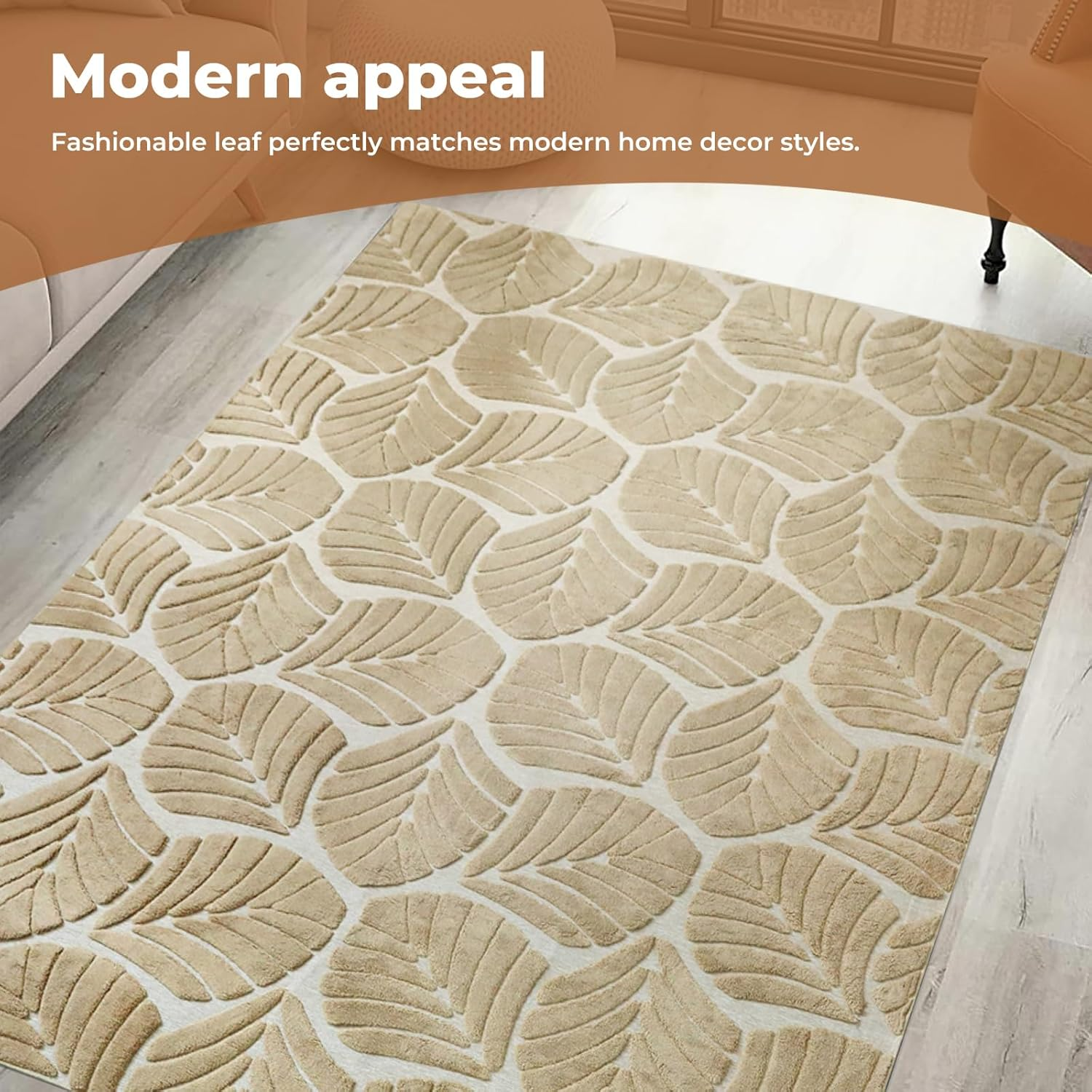 Marlow Area Rug 200 X 230Cm with Non-Slip Backing Durable Floor Carpet Mat for Living Room Bedroom Home Decor Polyester Large Fluffy Shaggy Embossed Rug 10Mm Pile Washable Carpet (Leaf Brown) image number 2