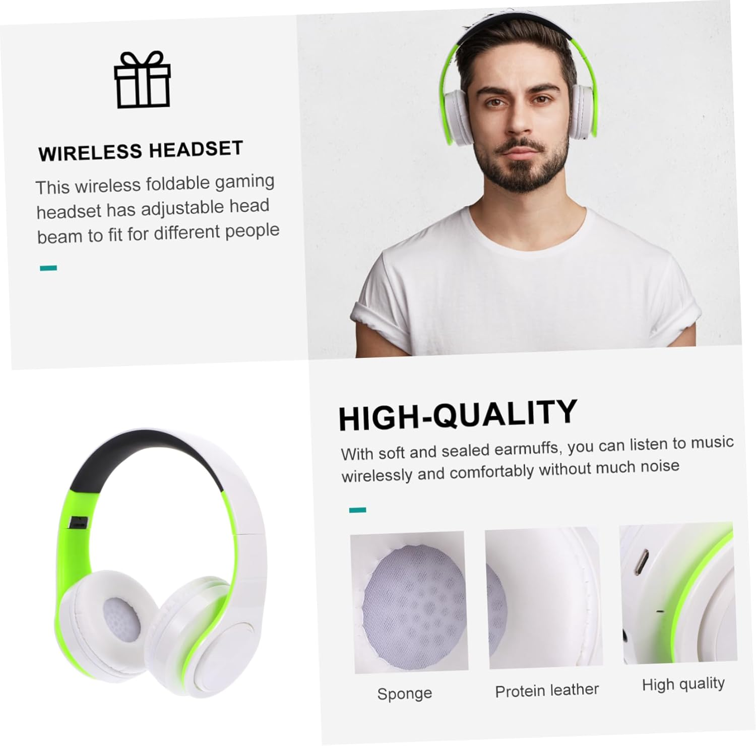 FONDOTIN Wireless Adjustable Foldable Over-Ear Headphones with Wireless Connectivity and Microphone, Stereo Wireless Headset for Sports and Travel, Green White Color image number 1