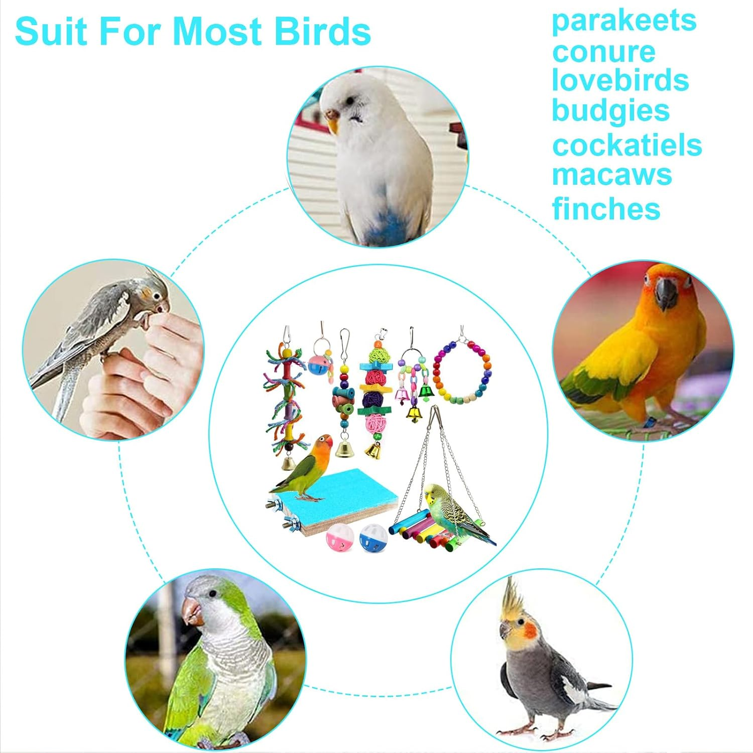 Bird Parrot Toys Set, 10 Pack Swing and Chewing Hanging Perches with Bells, for Lovebird Budgie Cockatiels Macaws Finches image number 4